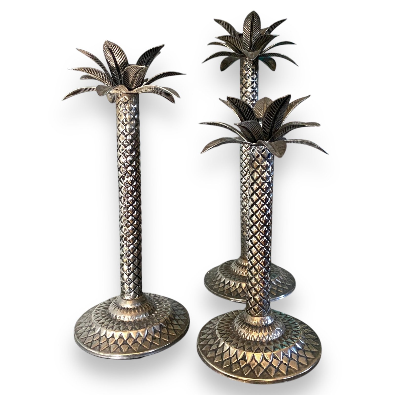 VNTG Palm Tree Candle Stick Holders Set of 3 Silver Tone Textured Art Deco Funky