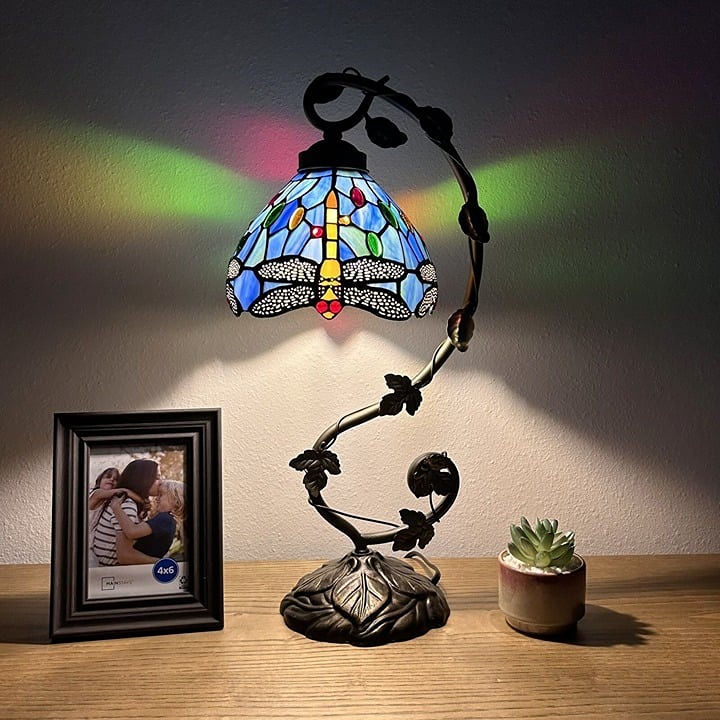 Tiffany Style Table Lamp Dragonfly Blue Stained Glass LED Bulb Included 21”H11 W