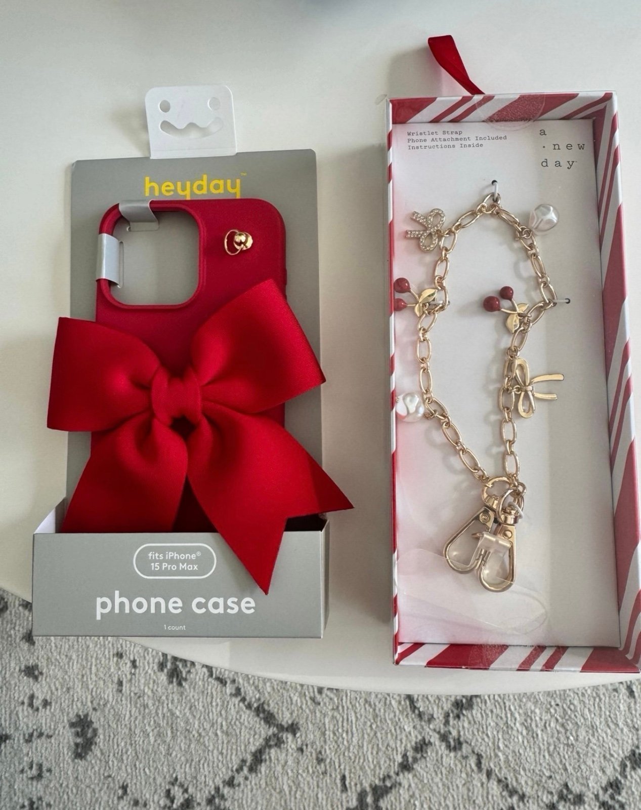 Heyday Red Bow Apple iPhone 15 Pro Max Cell Phone Case + Cherry Strap Chain Pop