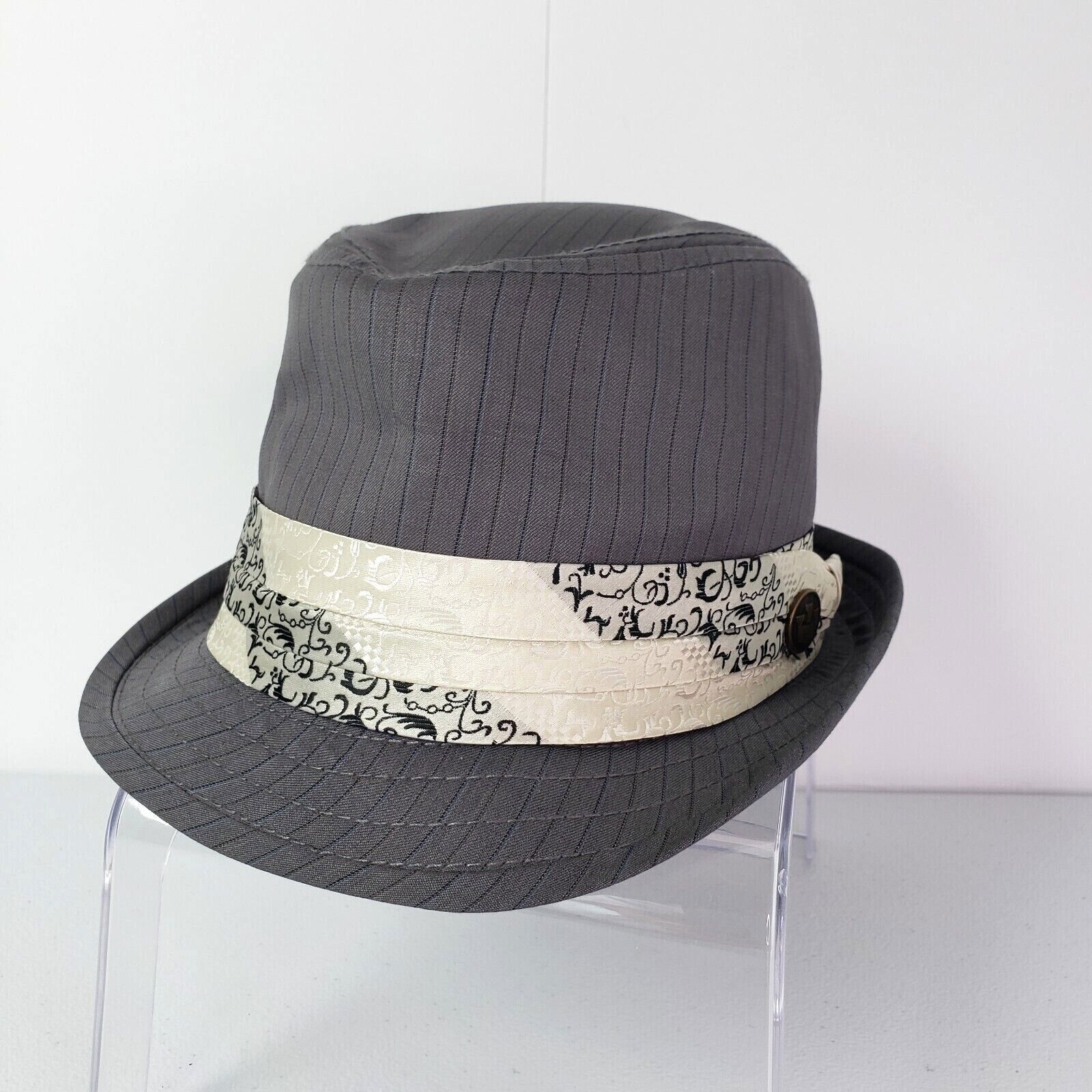 GOORIN BROS Men's Small Fedora Hat Gray Striped 70% Wool 30% Polyester Silk Band