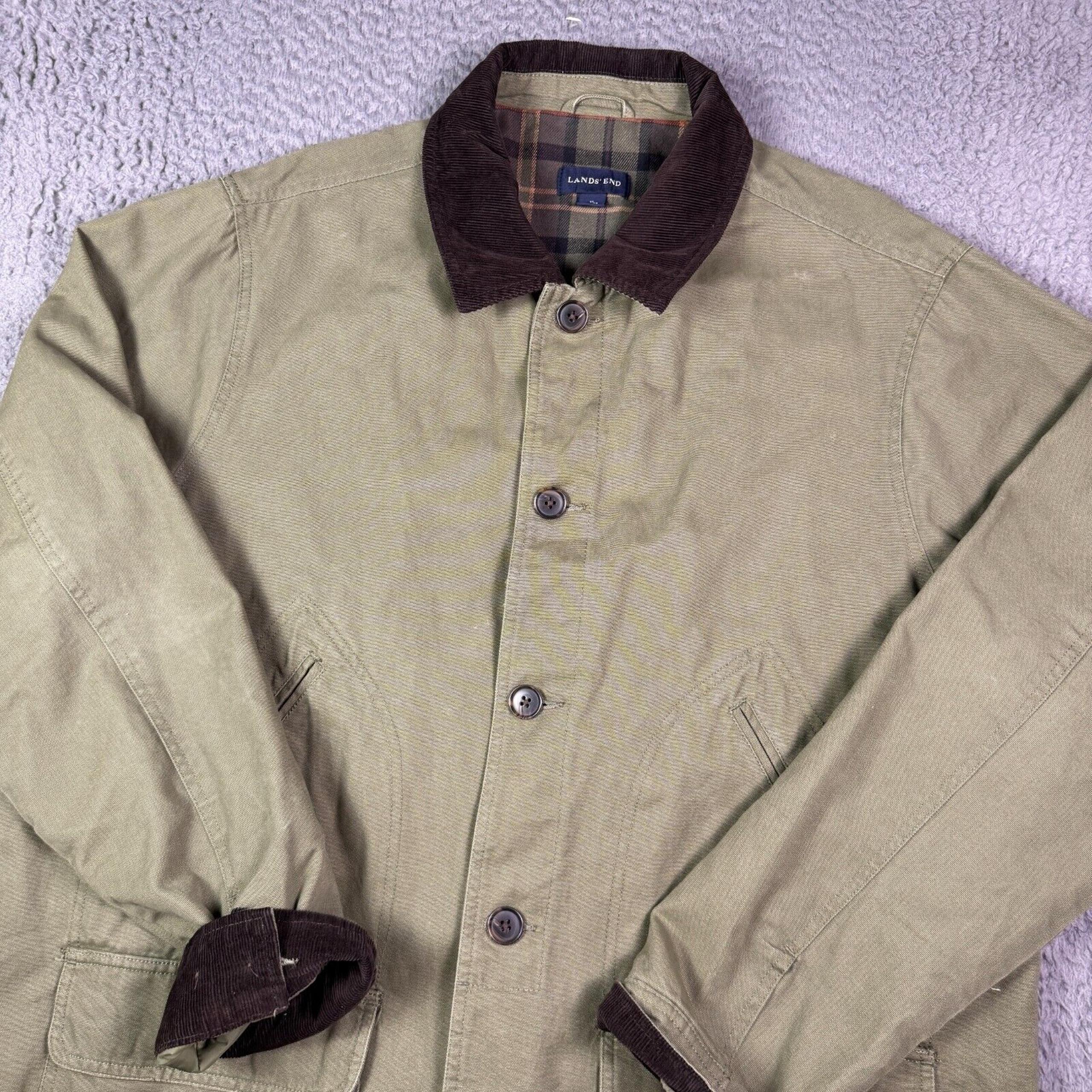 Lands End Jacket Mens XL Green Chore Coat Barn Corduroy Collar Flannel Lined