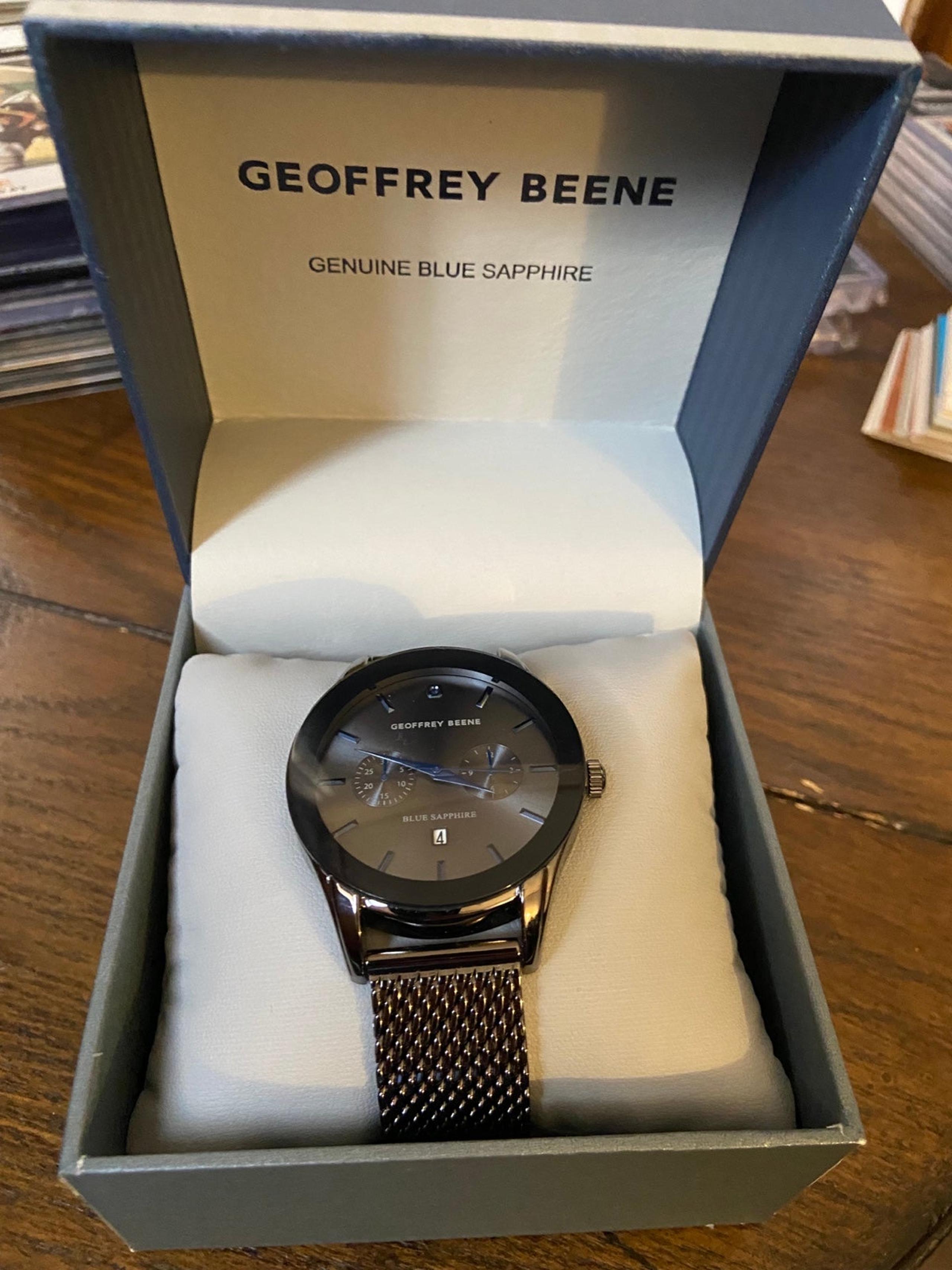 NIB GEOFFREY BEENE GENUINE BLUE SAPPHIRE STEEL #GBB0006GU MENS WATCH