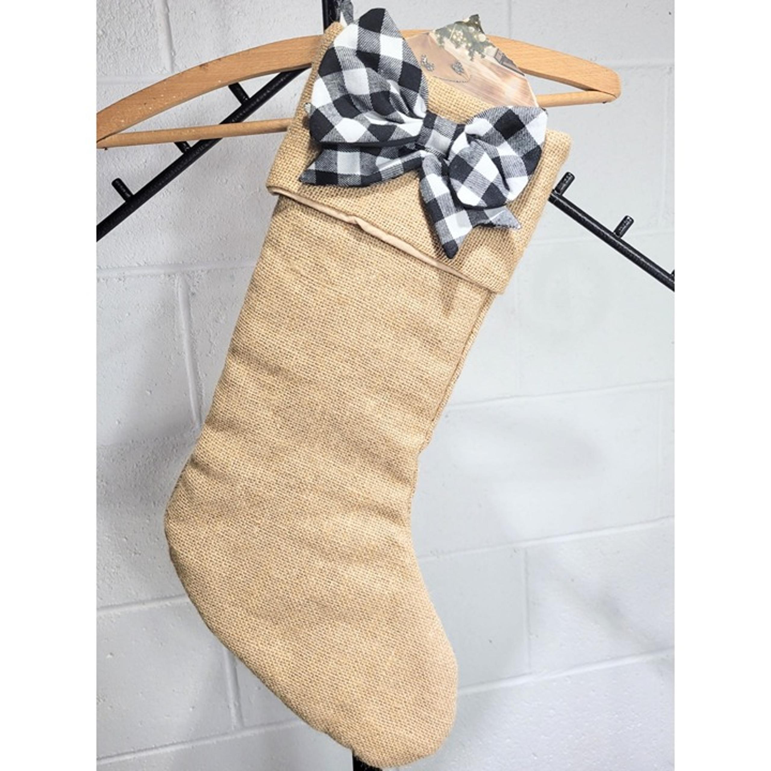 New Martha Stewart Burlap Christmas Stocking Black White Buffalo Plaid Bow Farm