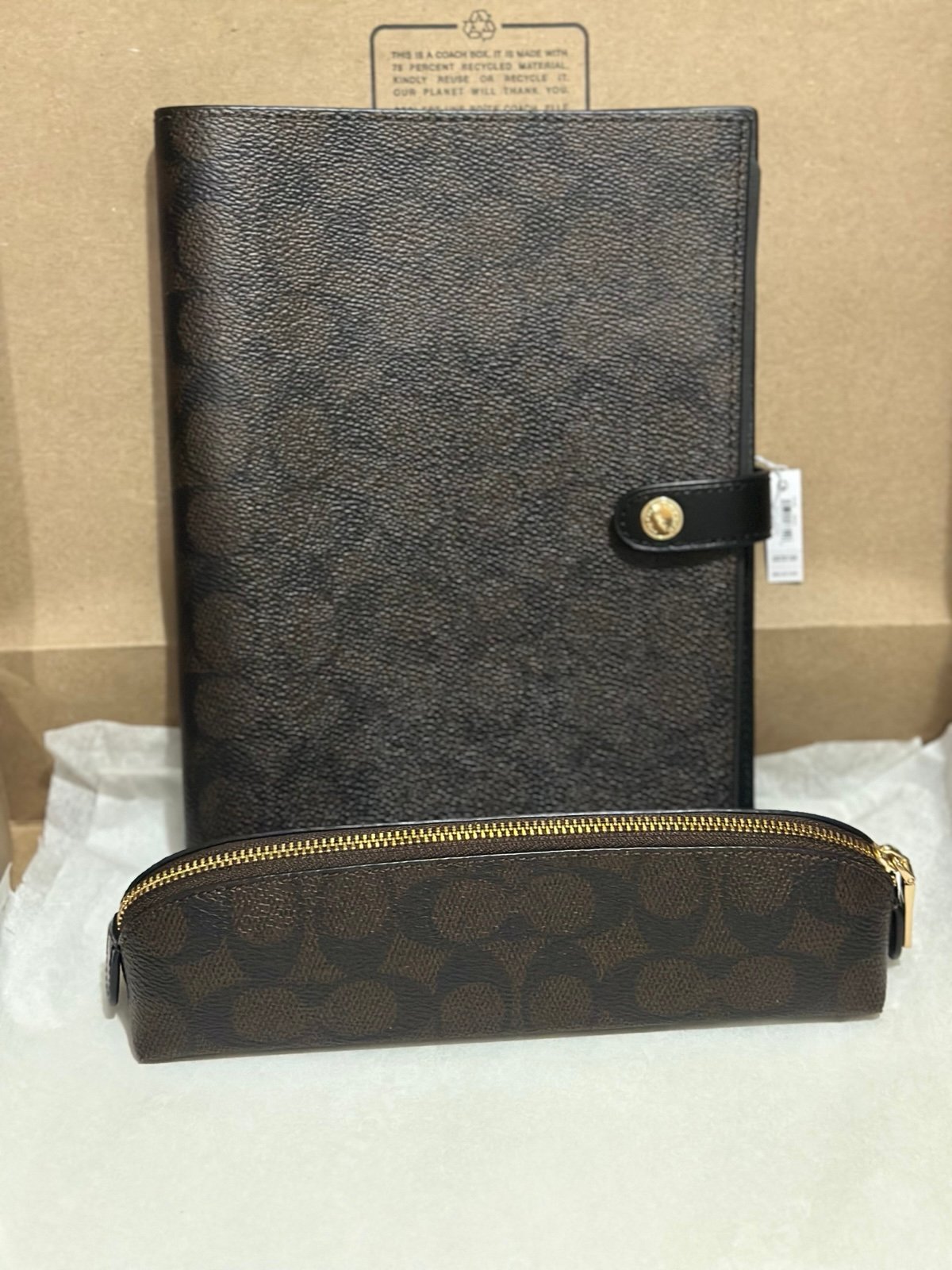 Coach Pencil Case + Notebook Bundle In Signature Canvas In Dark Brown NWT