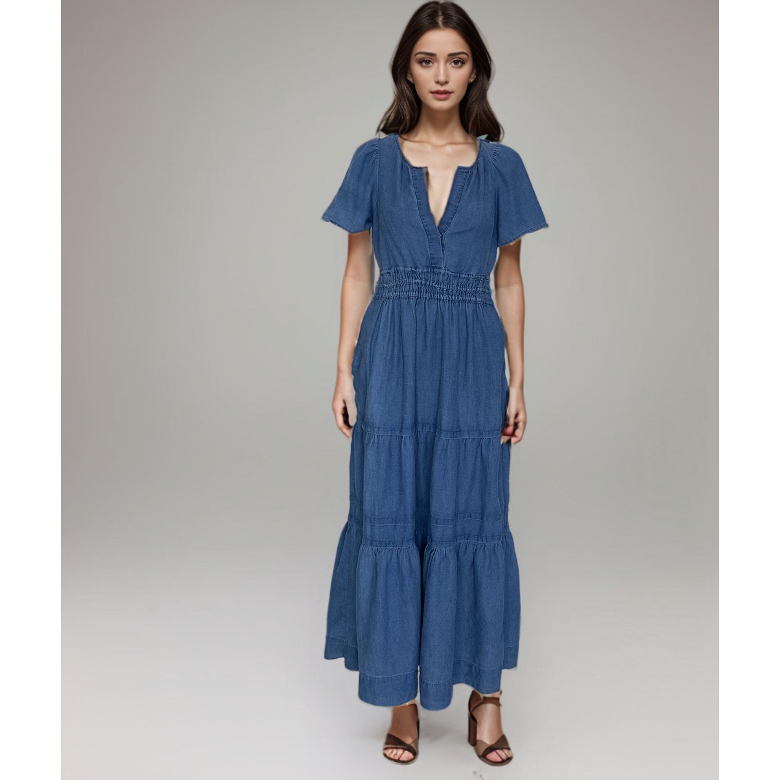 Anthropologie Maeve Maxi Dress Women Sz XS Blue Tiered Chambray Peasant Cottage