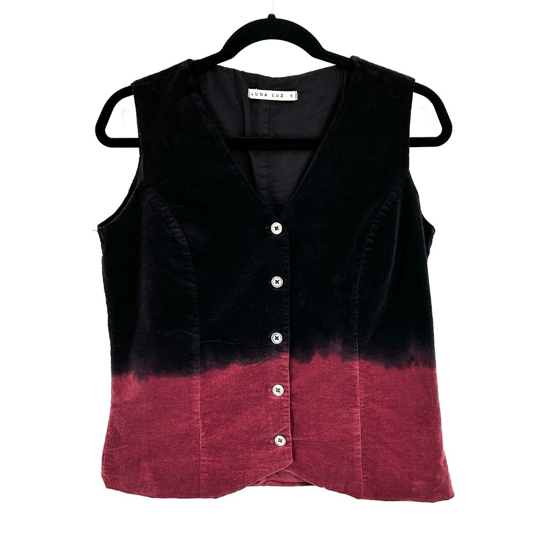 LUNA LUZ Black Pink Ombre Velvet Y2K Button Up Sleeveless Vest Top Size Small