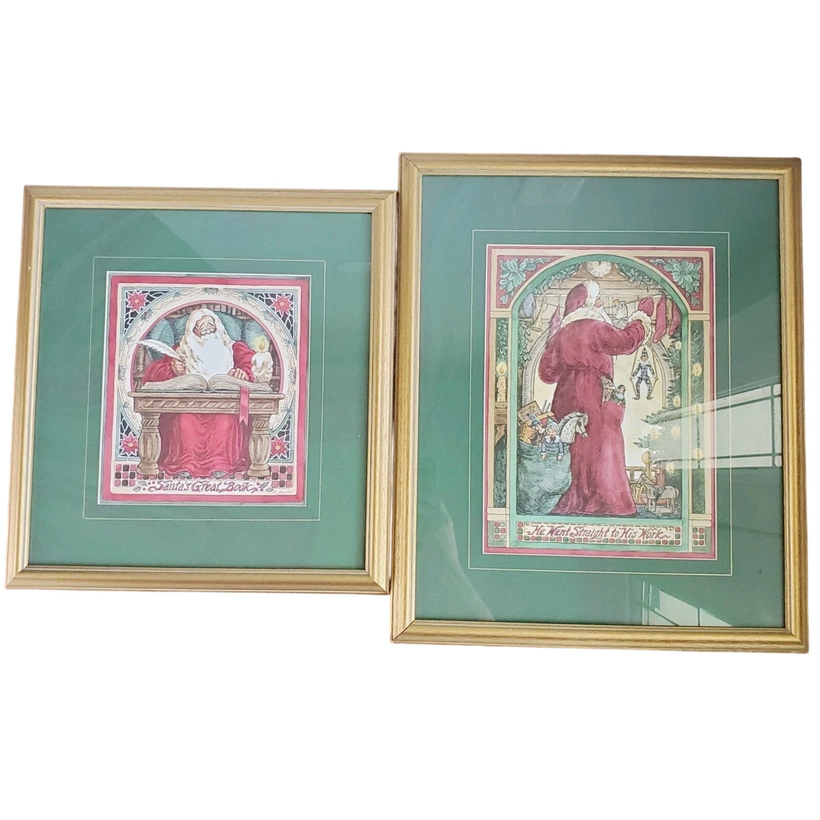 Vintage Marilyn Gandre Framed Matted & Print Santa Claus Art Gold-Tone Retro