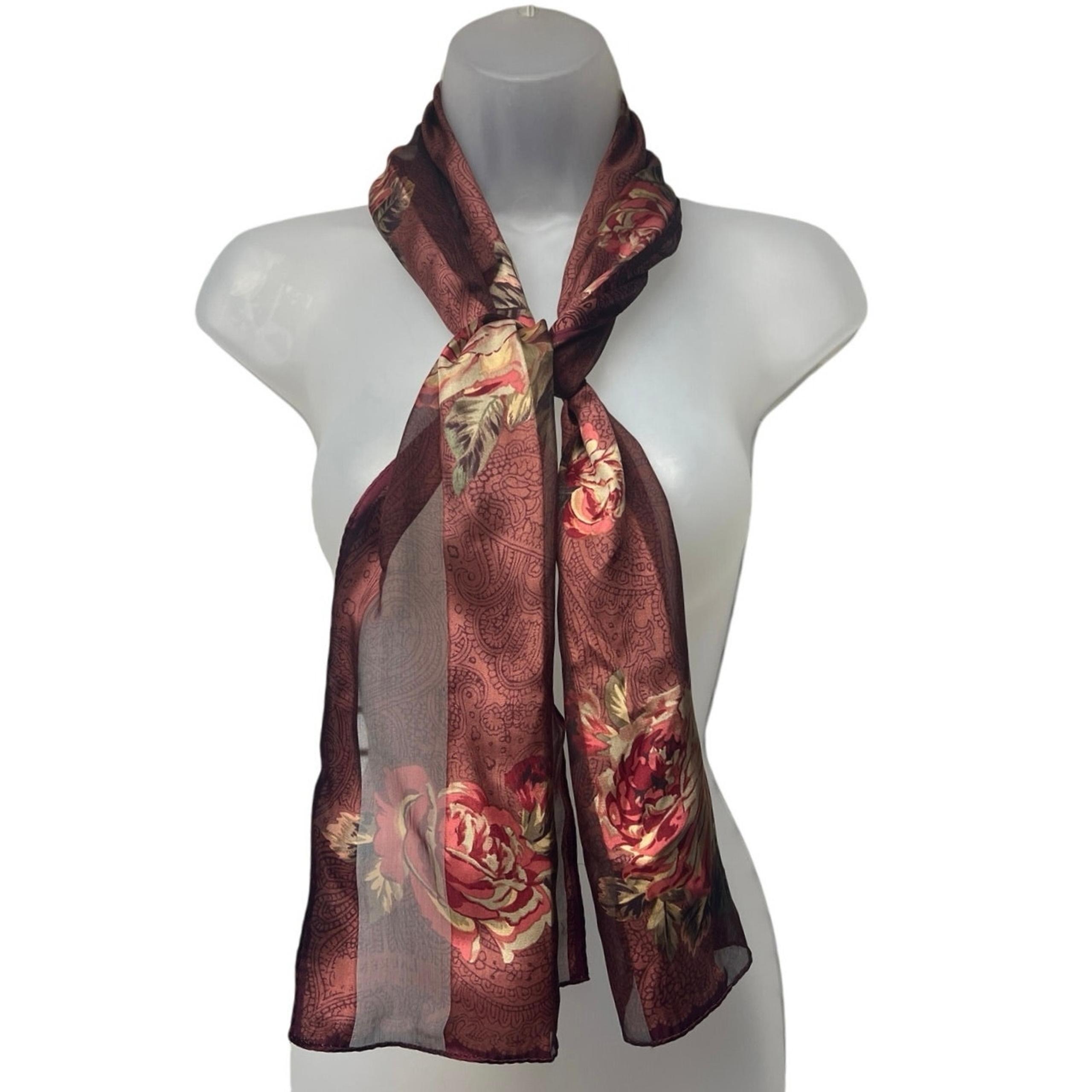 Vintage Ralph Lauren 100% Silk Burgundy Coral Rose Print Semi Sheer 54" Scarf