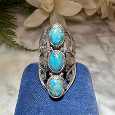 Vintage Handmade Genuine Turquoise Ring Solid 925 Sterling Silver Filigree Ring