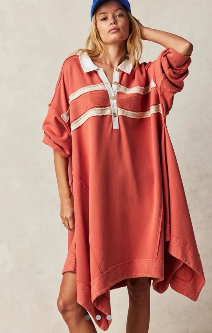 Free People Blair Sweatshirt Striped Frayed Uneven Hem Slouchy Hot Coral Combo