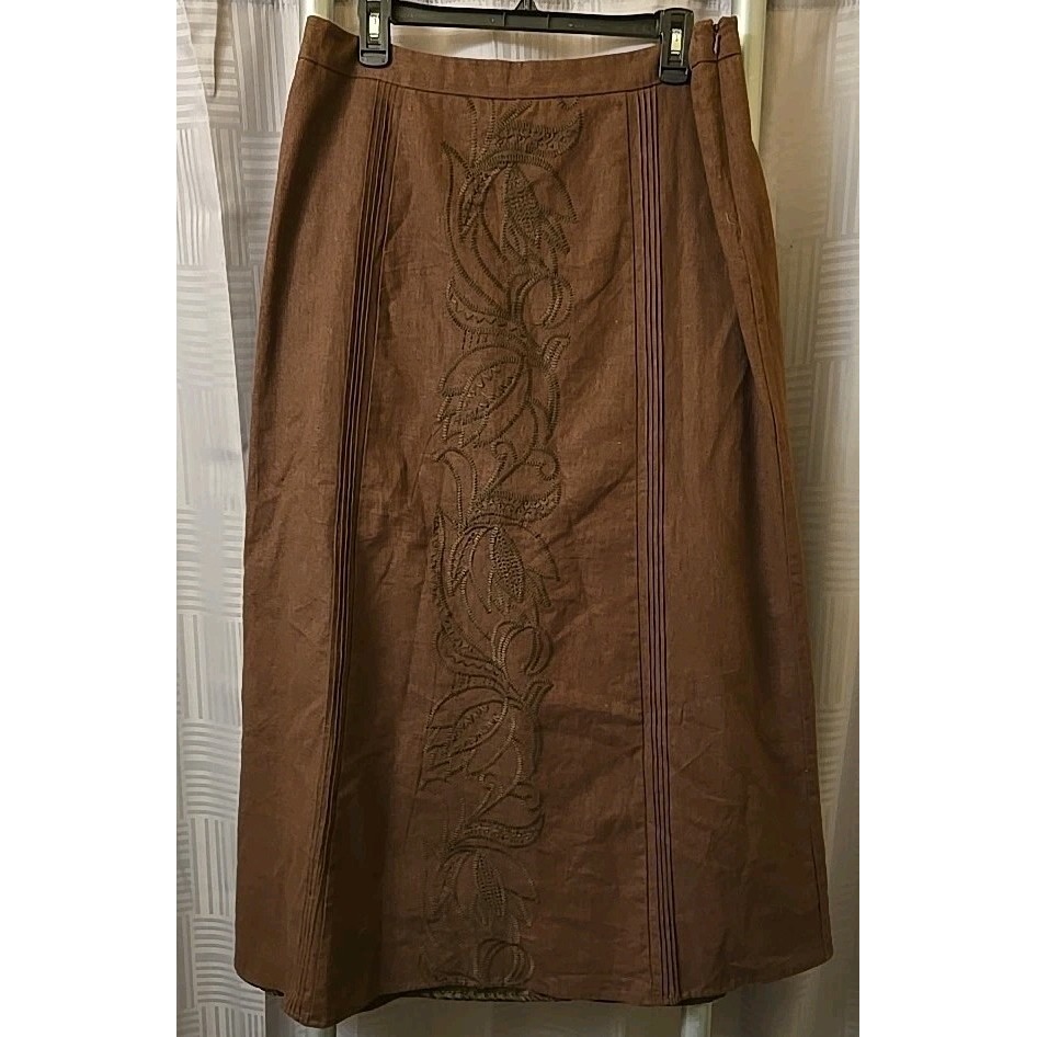Carole Little Womens Sz 12 Brown Embroidered Linen Blend Skirt