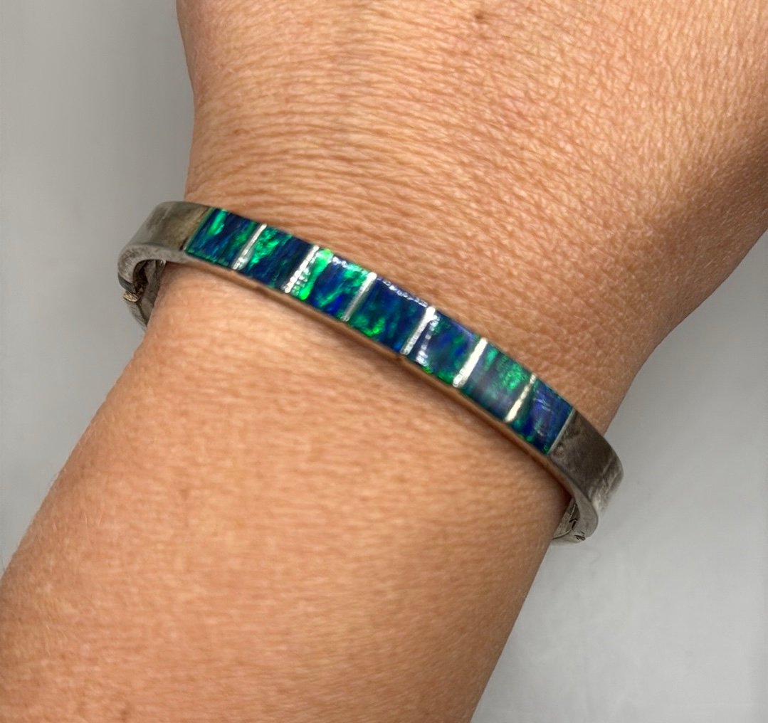 Vintage 925 Mexico Sterling Silver Blue Green Cuff Bangle Statement Bracelet