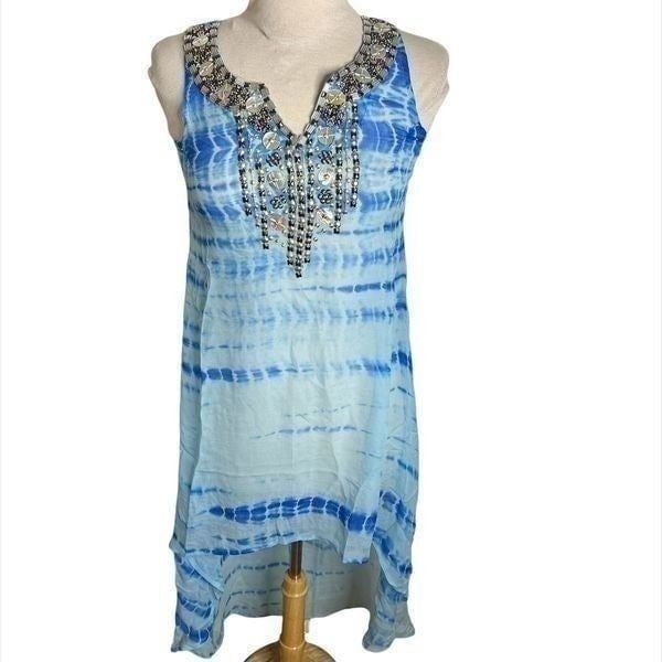 Zeugari blue tie dye beaded kaftan beach coverup