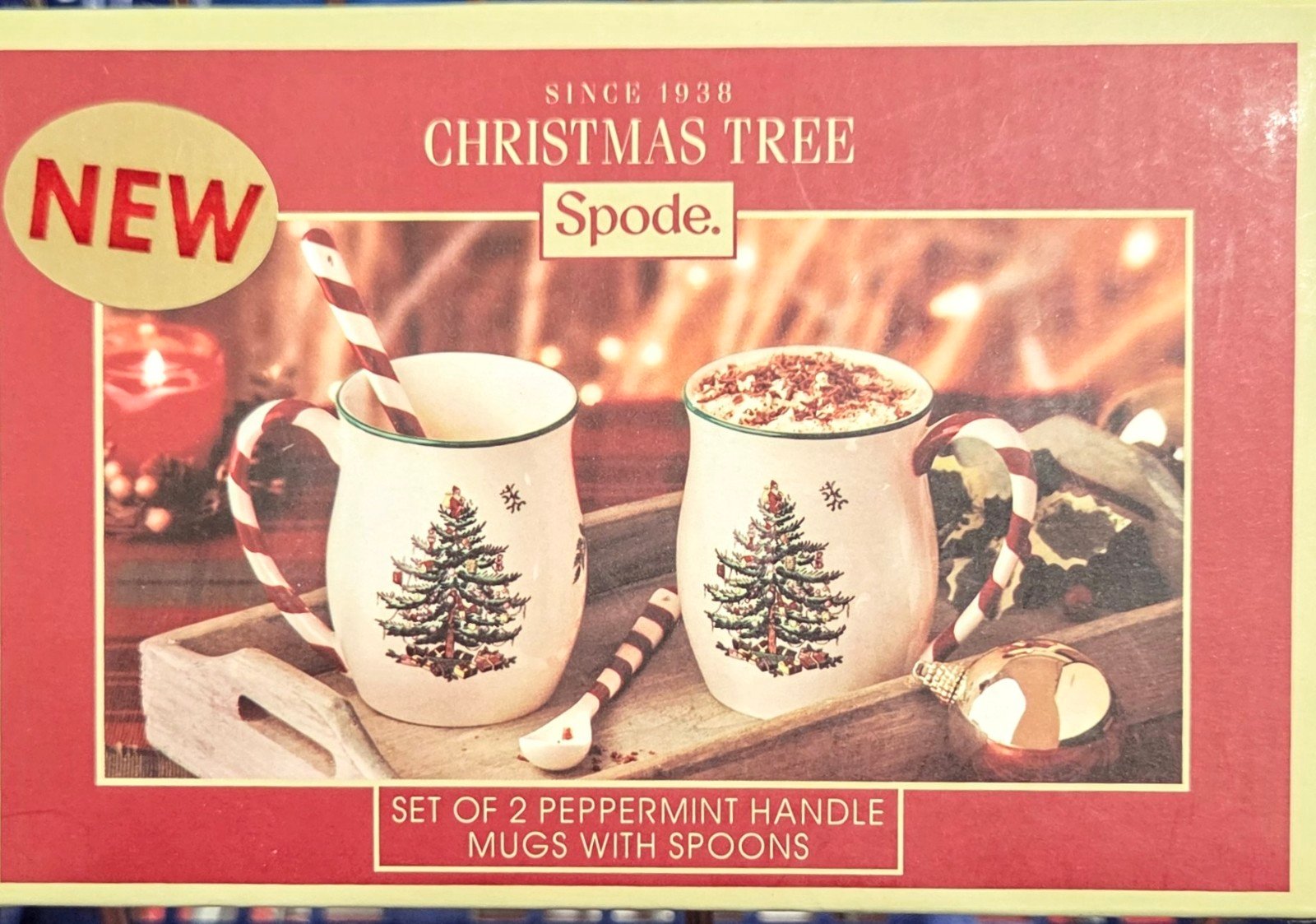 NEW rear Spode Christmas Tree Mug Peppermint Striped Candy Cane Handle & Spoons