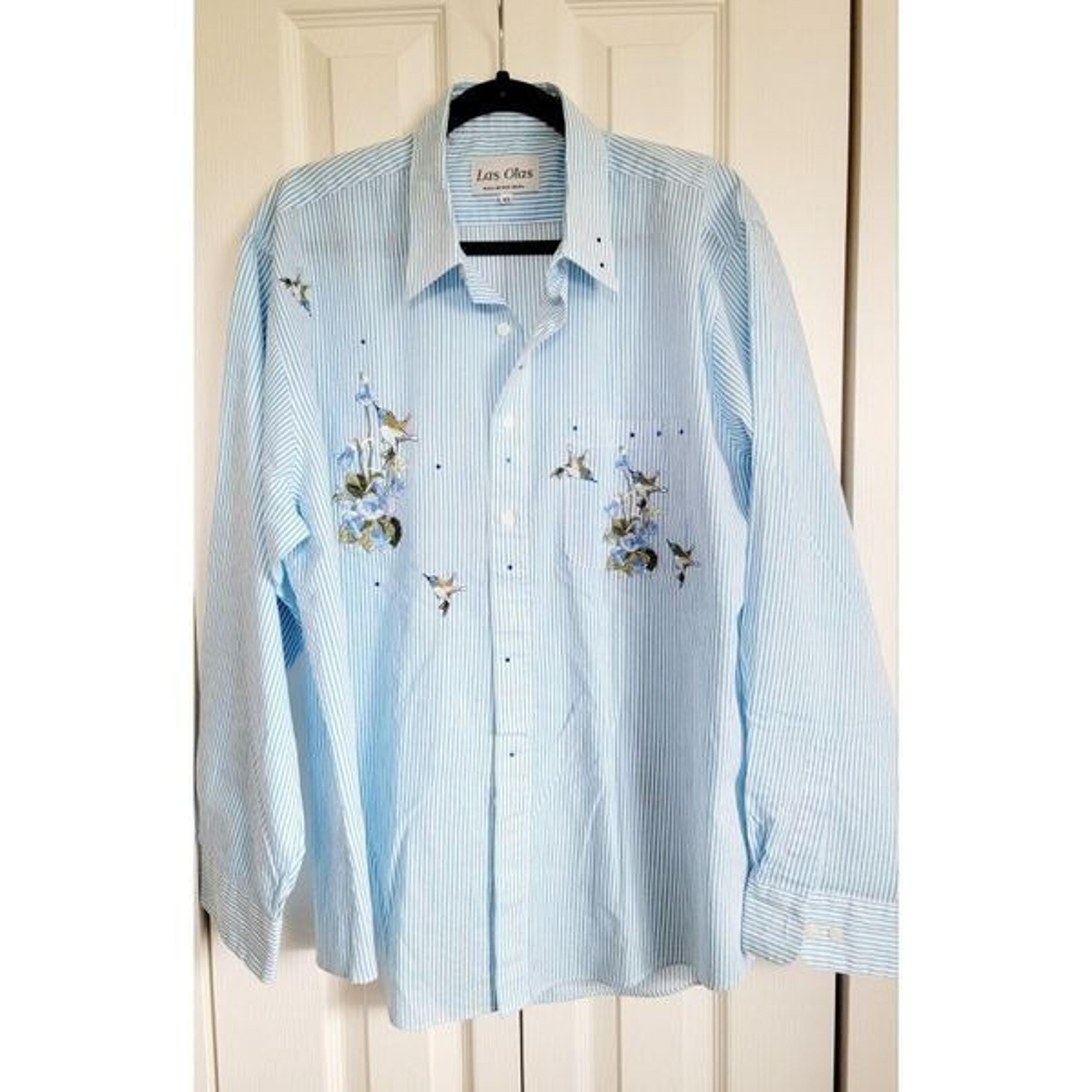 Las Olas XL Vintage Blue White Stripe Hummingbird Embroidered Blouse LS