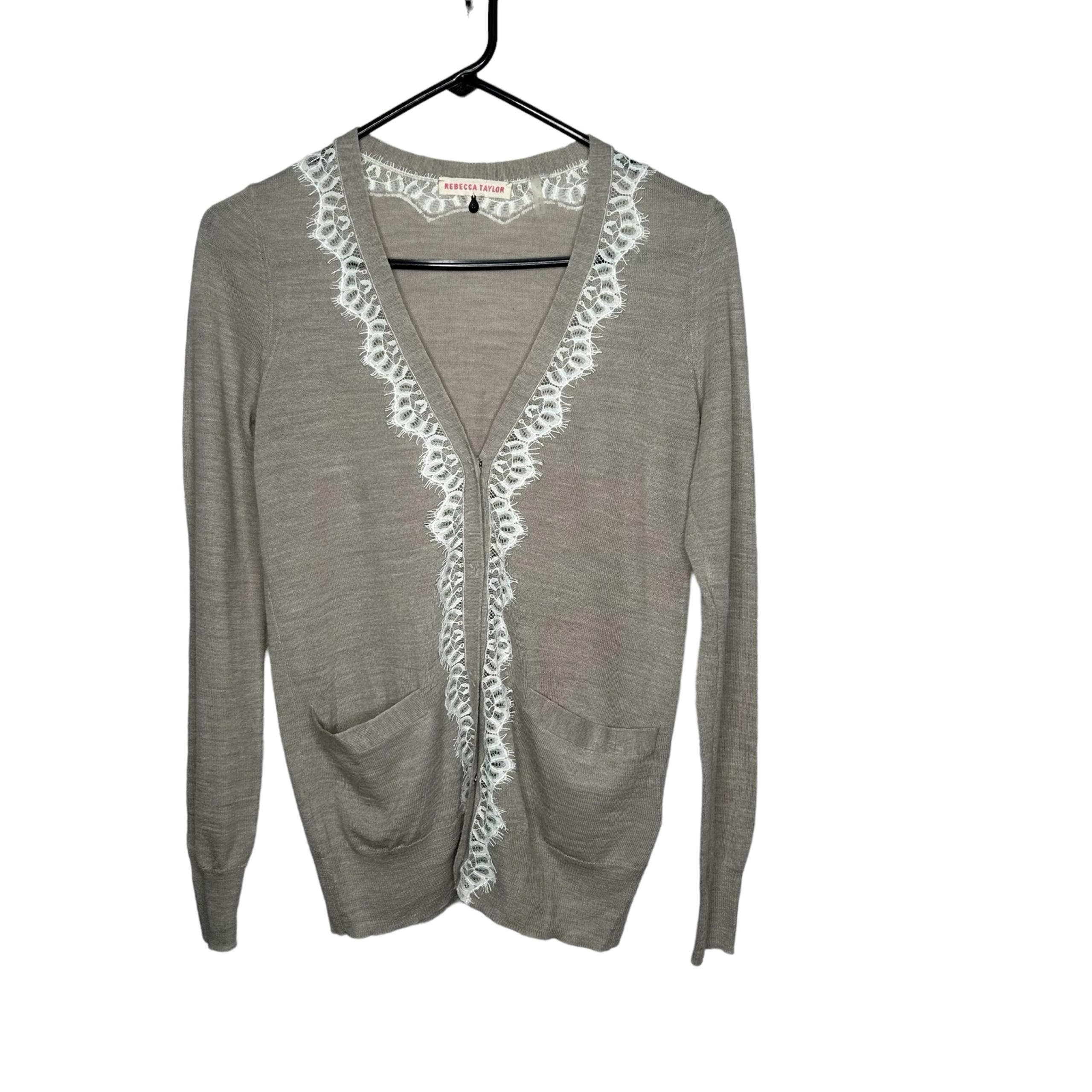 Rebecca Taylor Women’s Lace Trim Sweater Cardigan Sm Alpaca Wool Tan Button