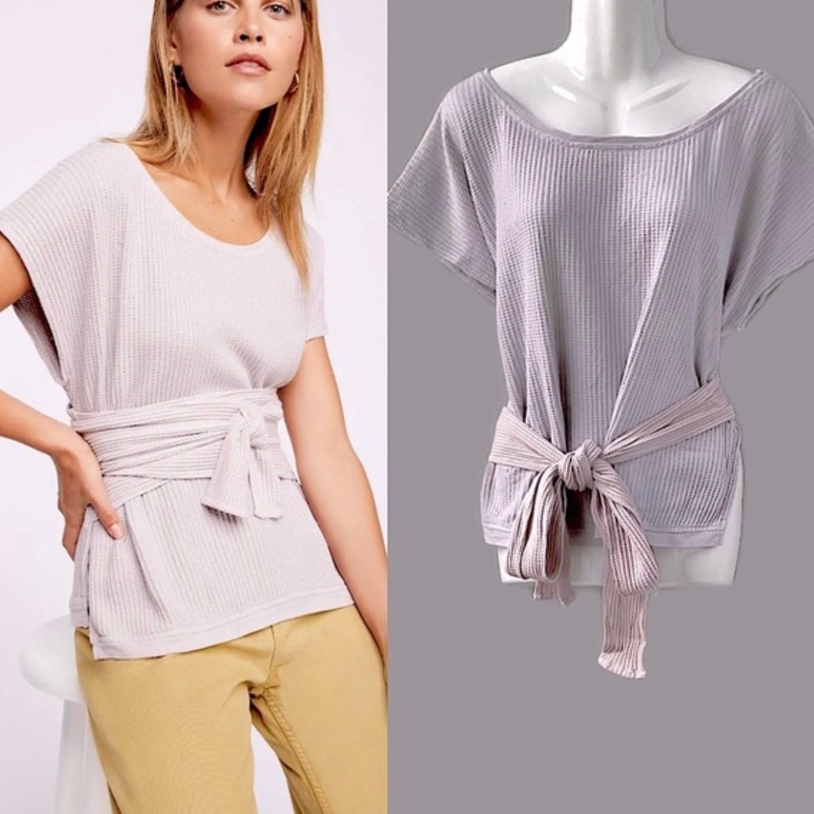 Free People One Wrap Tie Waffle Knit Cap Sleeve Lilac Slit Side Tunic Top, Sml