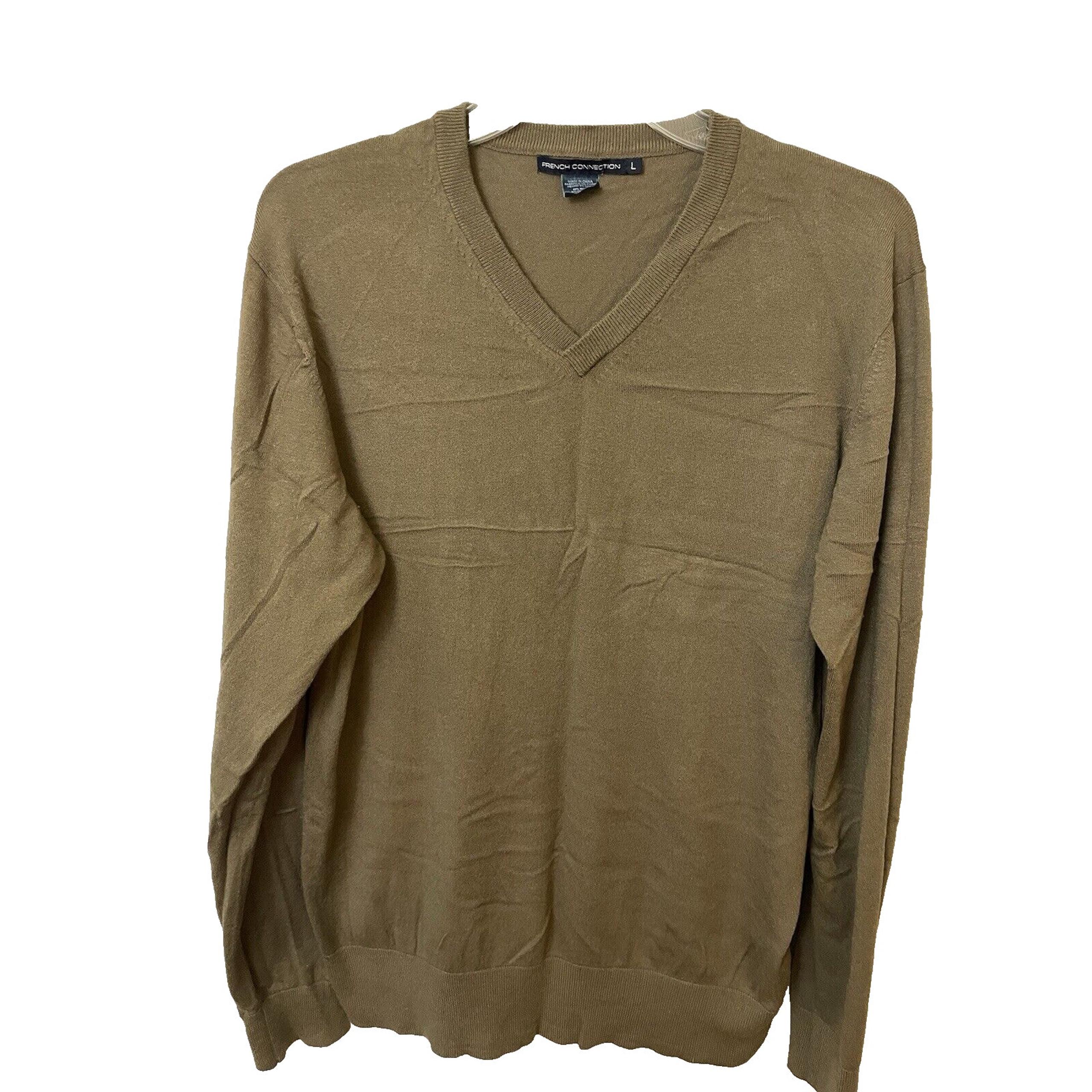 French Connection Men Sz L Green Soft V Neck Knitted Pullover Lg Sleeve Sweatshi