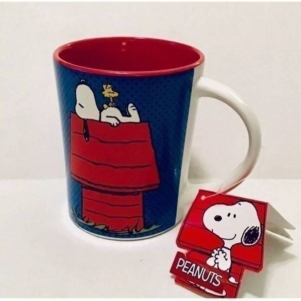 SNOOPY and WOODSTOCK Blue Ceramic Mug for Coffee Tea Latte with Red Interior 4.5