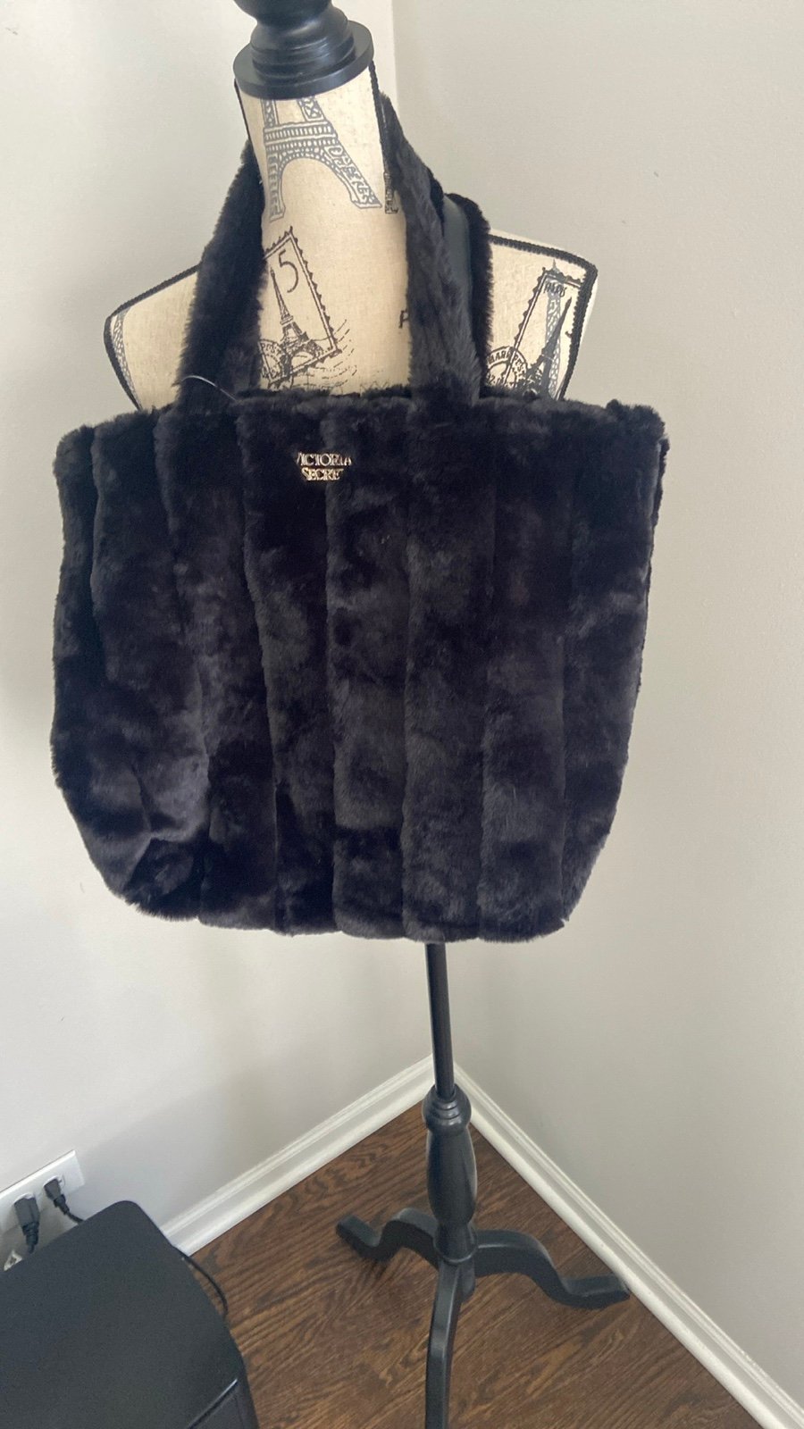 Victoria's Secret Faux Fur Purse Shoulder Handbag Large Black