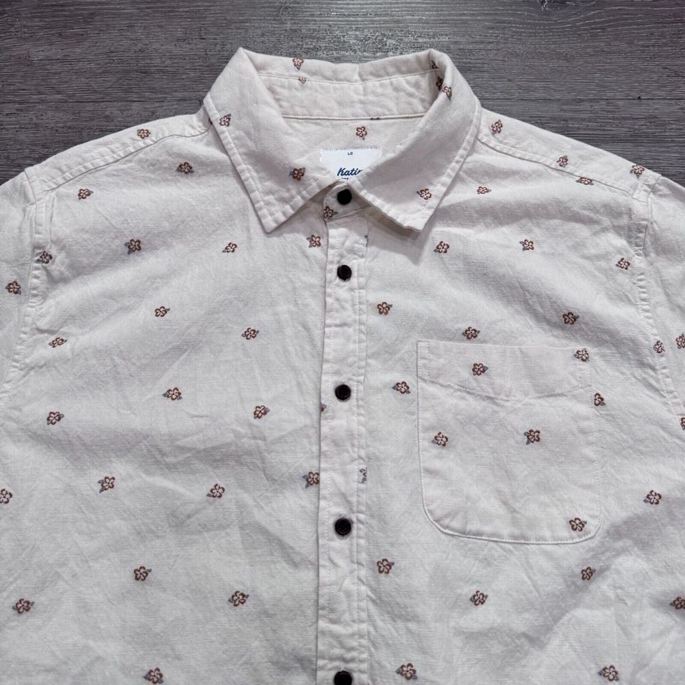Katin Shirt Mens Large Short Sleeve Geometric Beige Pocket Surfer Linen Surf