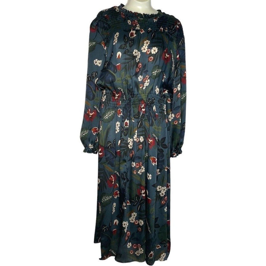 Zara Floral Smocked Shoulders Retro Waist Crinkle Midi Dress Women Size L Teal