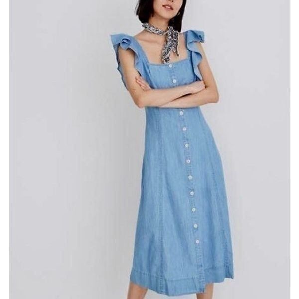 NWOT Madewell Denim Princess-Seamed Front Button Up Flutter Sleeve Maxi Dress 00