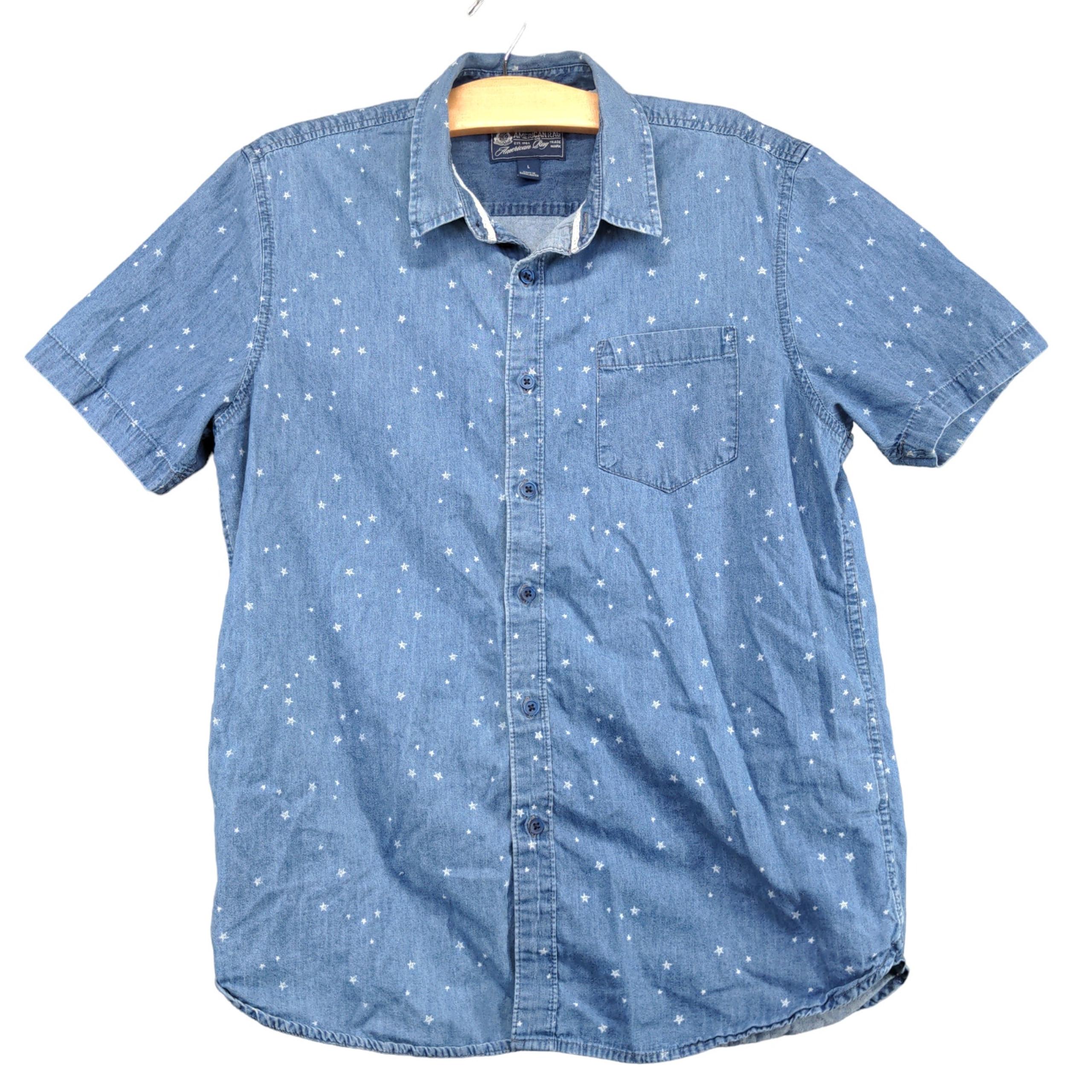 American Rag Men's Button Up Shirt Blue Large Short Sleeve Star Print Cotton