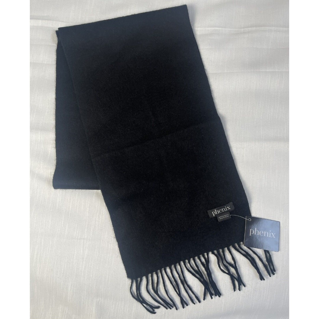 Phenix Black 100% Cashmere Fringe Lightweight Scarf 74”x11” Unisex New