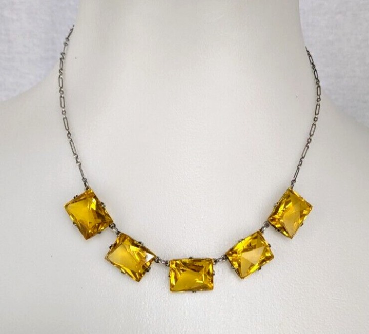 Vintage Antique Art Deco Sterling Silver Uranium Glass Necklace Glows