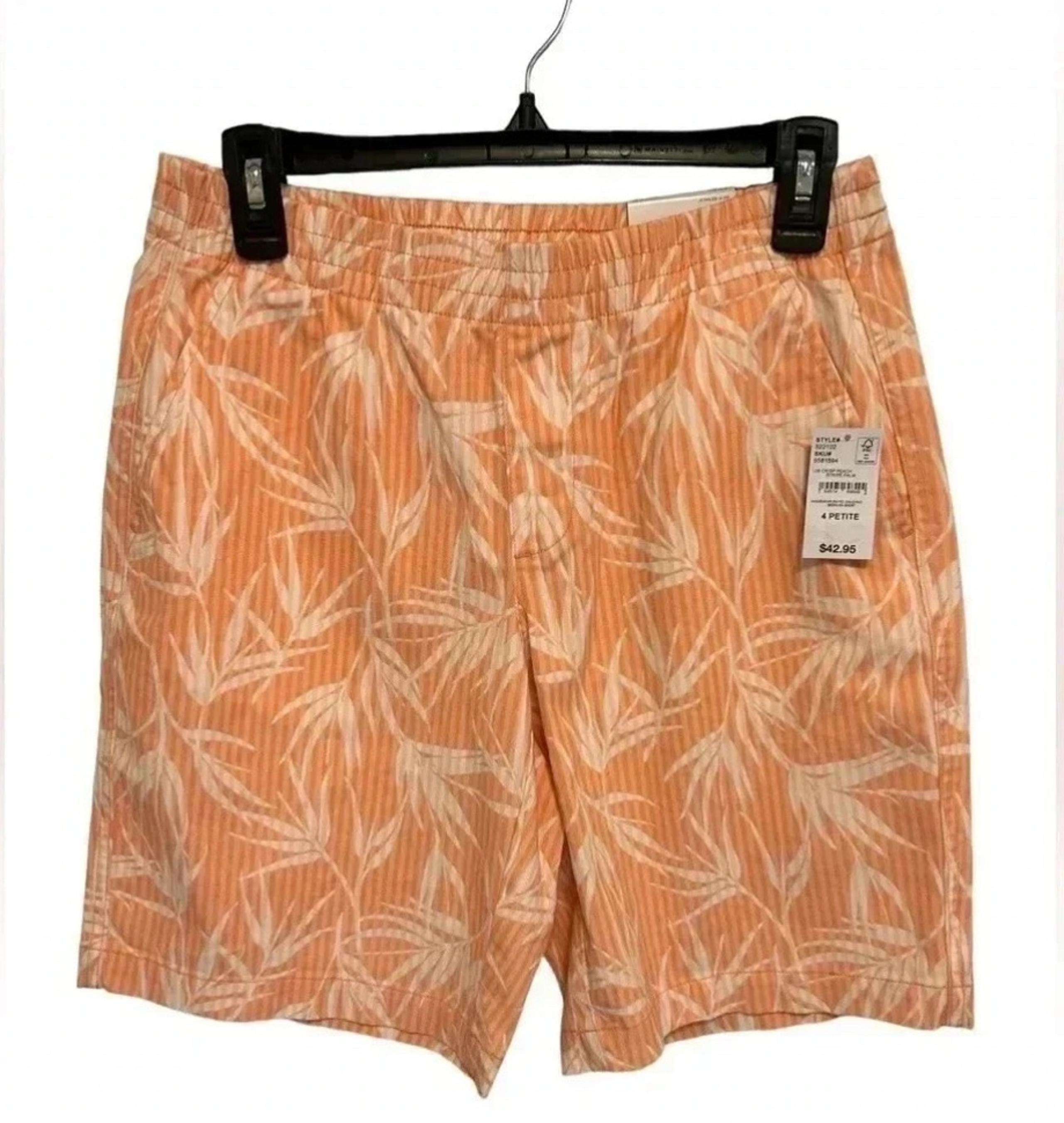 New Land's End Womens Petite Shorts 4P Style Chino Crisp Peach Striped Palms NWT