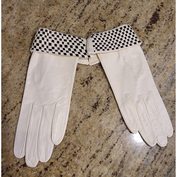 New! Vtg Sz S Soft Leather Formal 8 Gloves White Black Checker Fold Wrist Weave