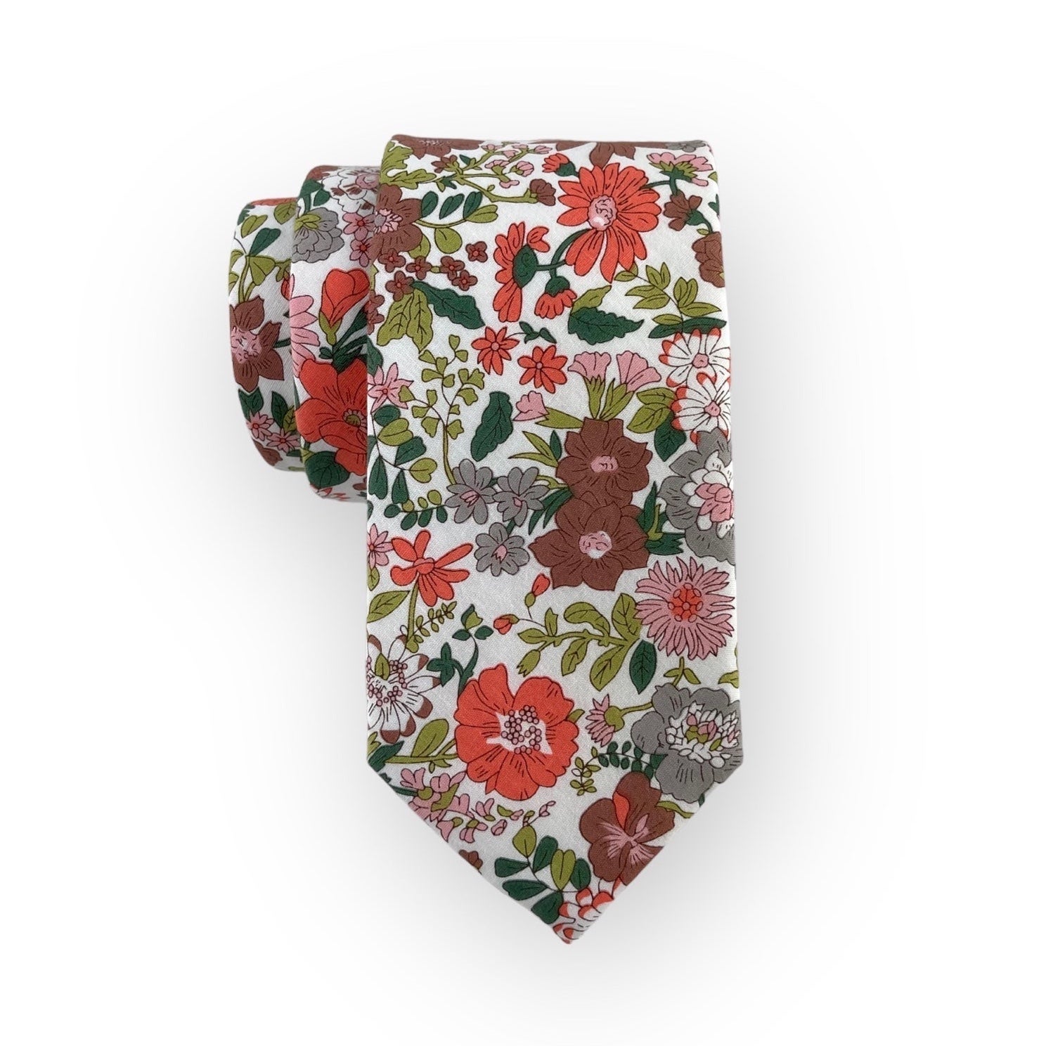 Men’s White w/ Papaya Orange Floral Print Necktie, 2.75” Width, Wedding Tie