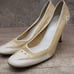 Prada High Heel Pumps Womens Sz 39.5 White Patent Leather & Natural Woven Wicker