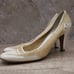 Prada High Heel Pumps Womens Sz 39.5 White Patent Leather & Natural Woven Wicker