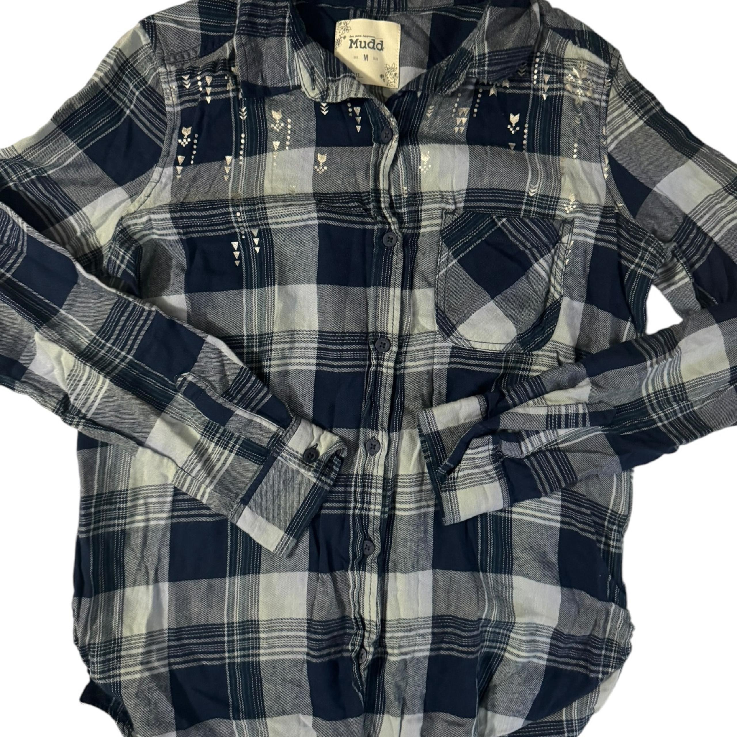 Mudd Blue On Blue Plaid Button Up Top Soft Flannel Silver Accents Medium