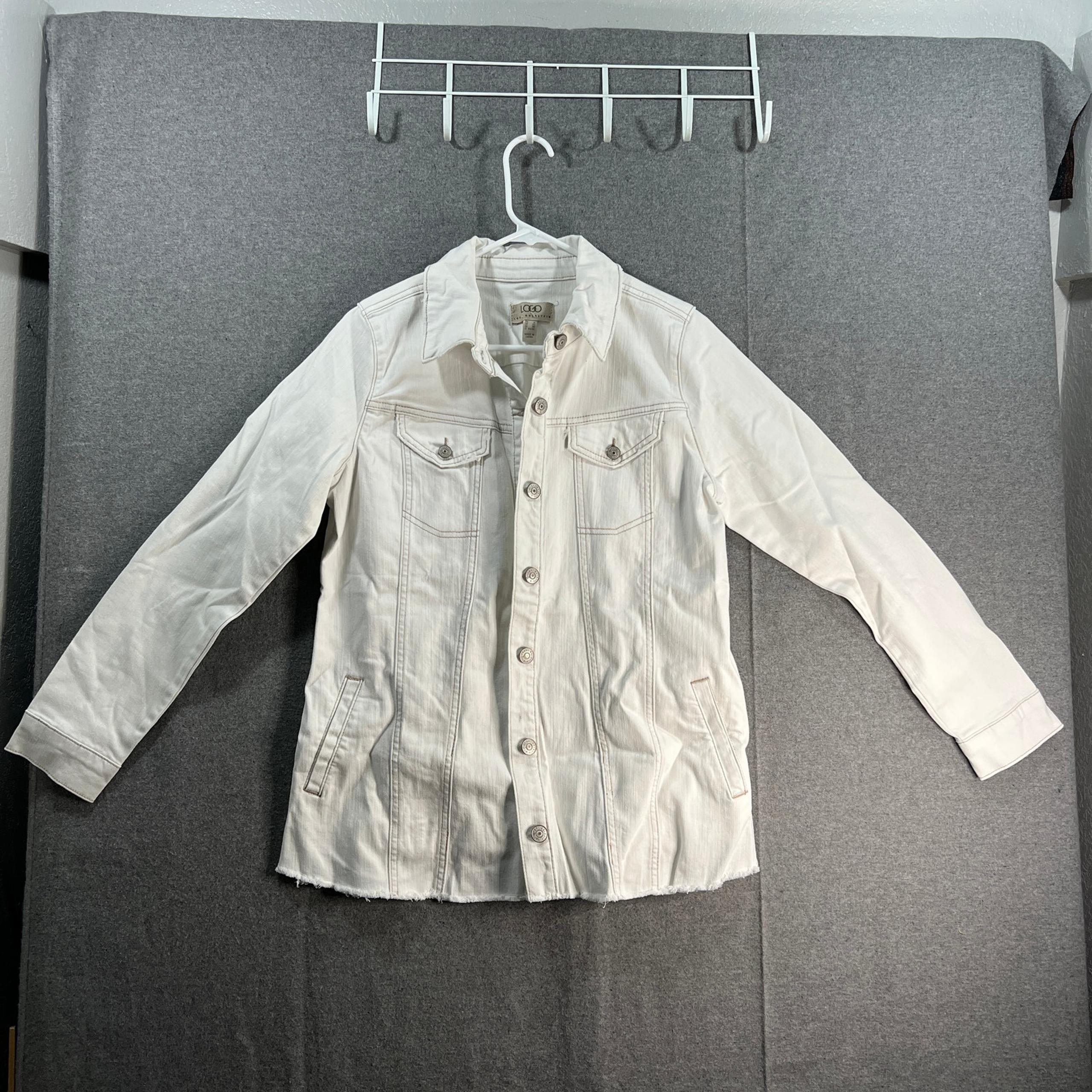 LOGO by Lori Goldstein Jeans Jacket Womens Size 8 White with Frayed Hem