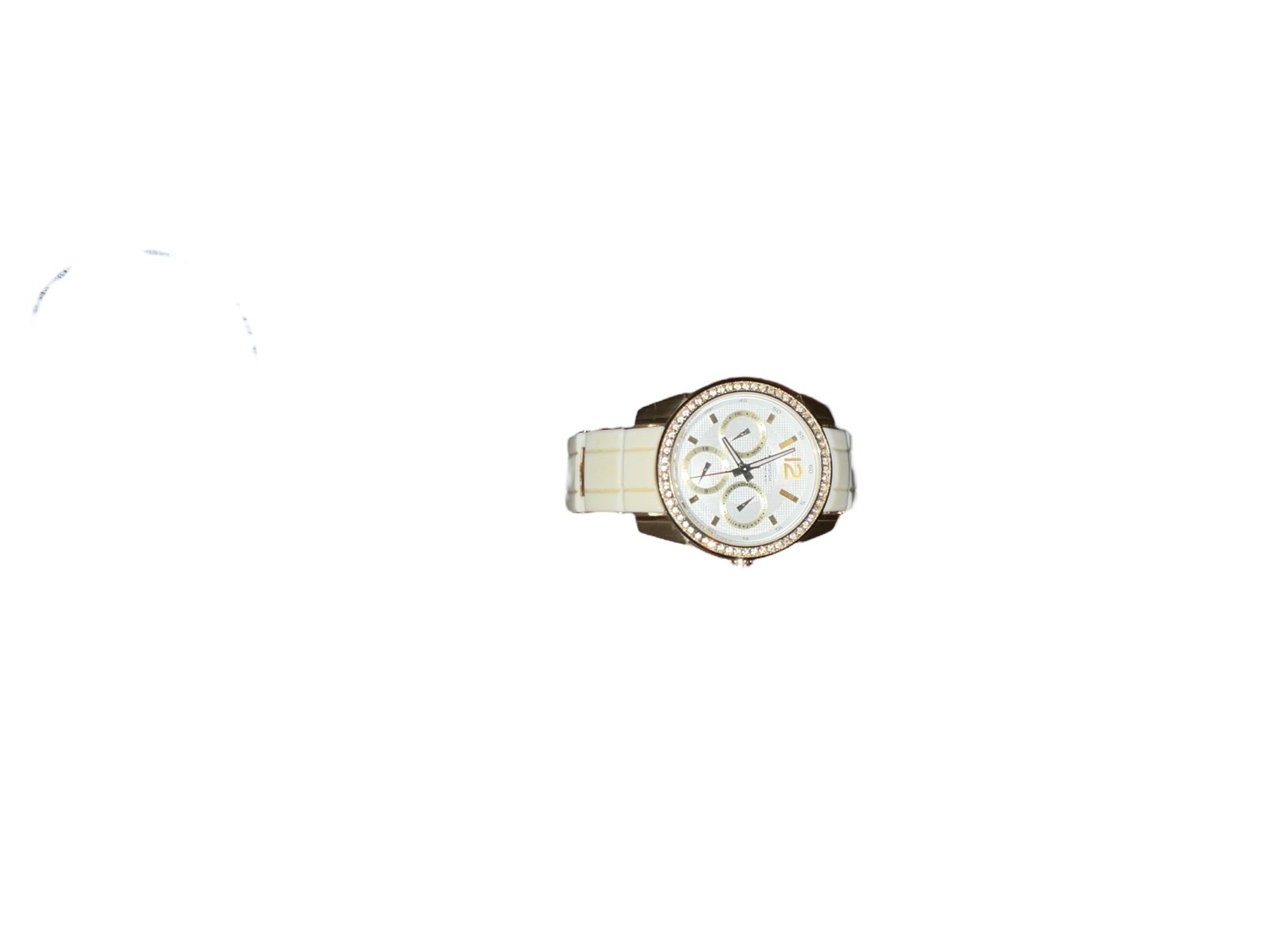 FOSSIL BQ 9358 GOLD & WHITE SILICONE BAND SWAROVSKI CRYSTAL BEZEL STONES