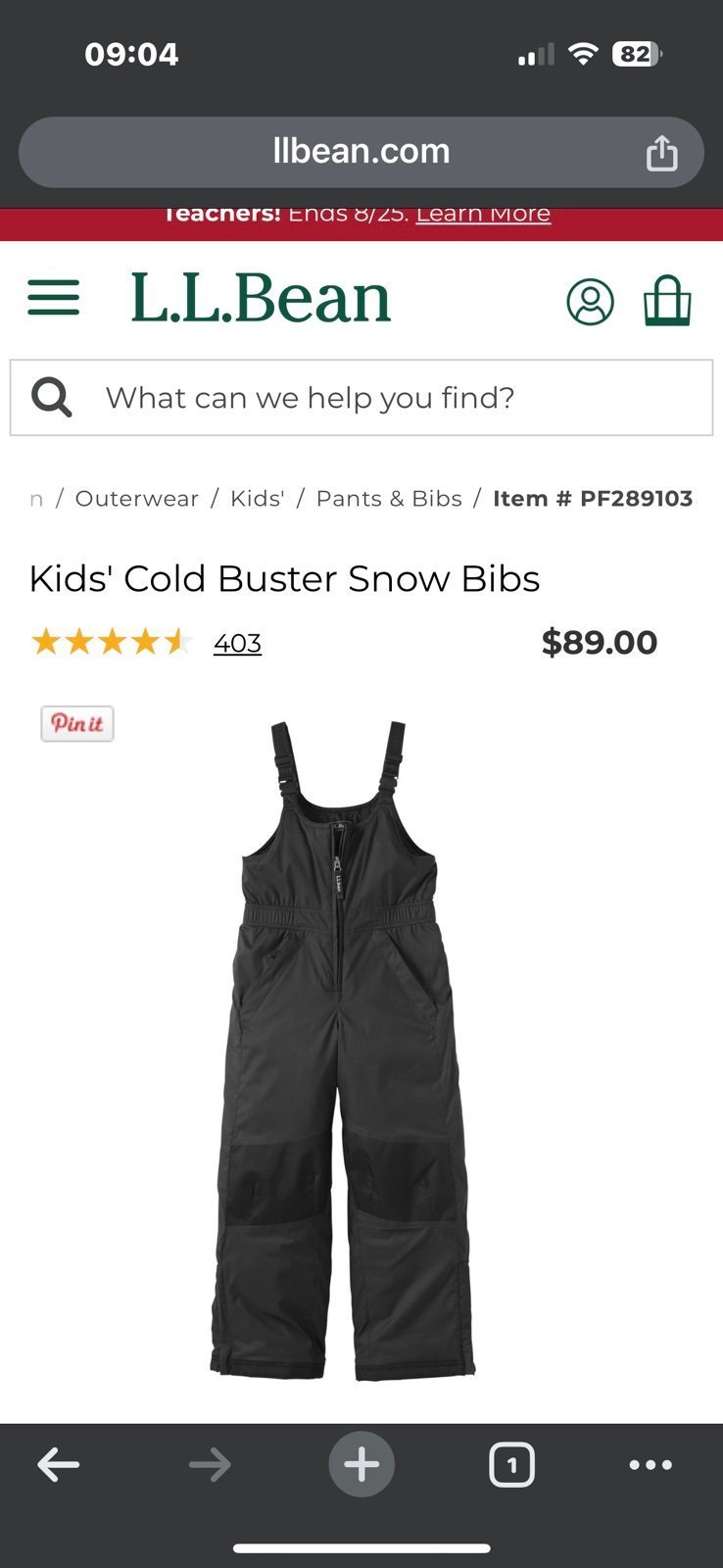 L.L. Bean kids Cold Buster Snow Bibs, Size 16