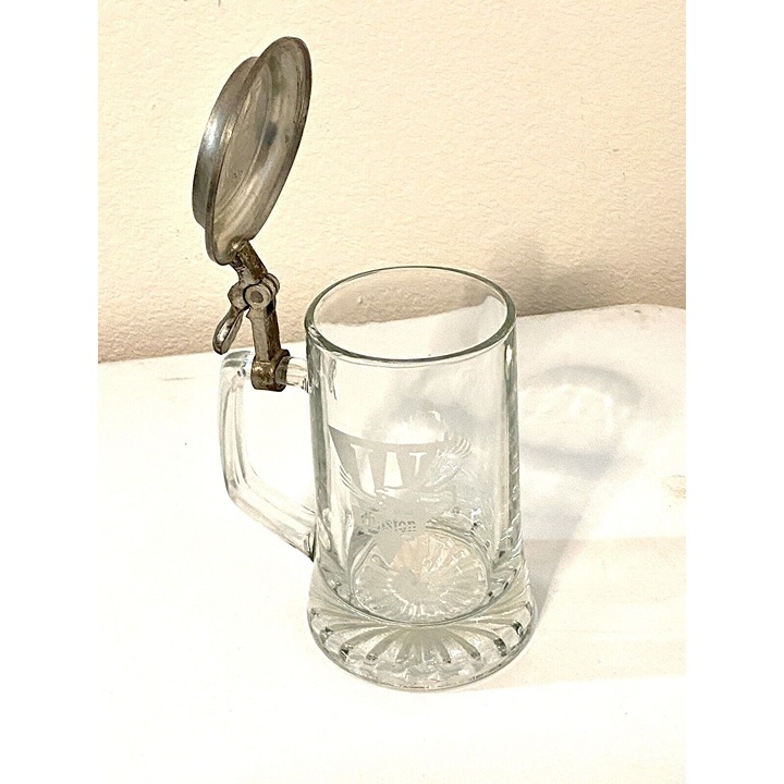 Vintage Winston Cigarette Etched Heavy Glass And Pewter Tankard Beer Stein Mug
