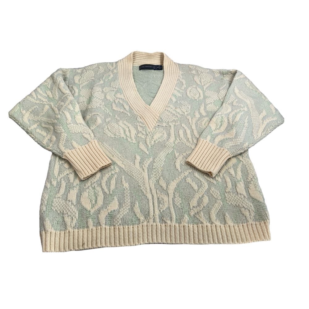 vtg Crossings unisex pure wool sage/ivory color sweater pullover sz L