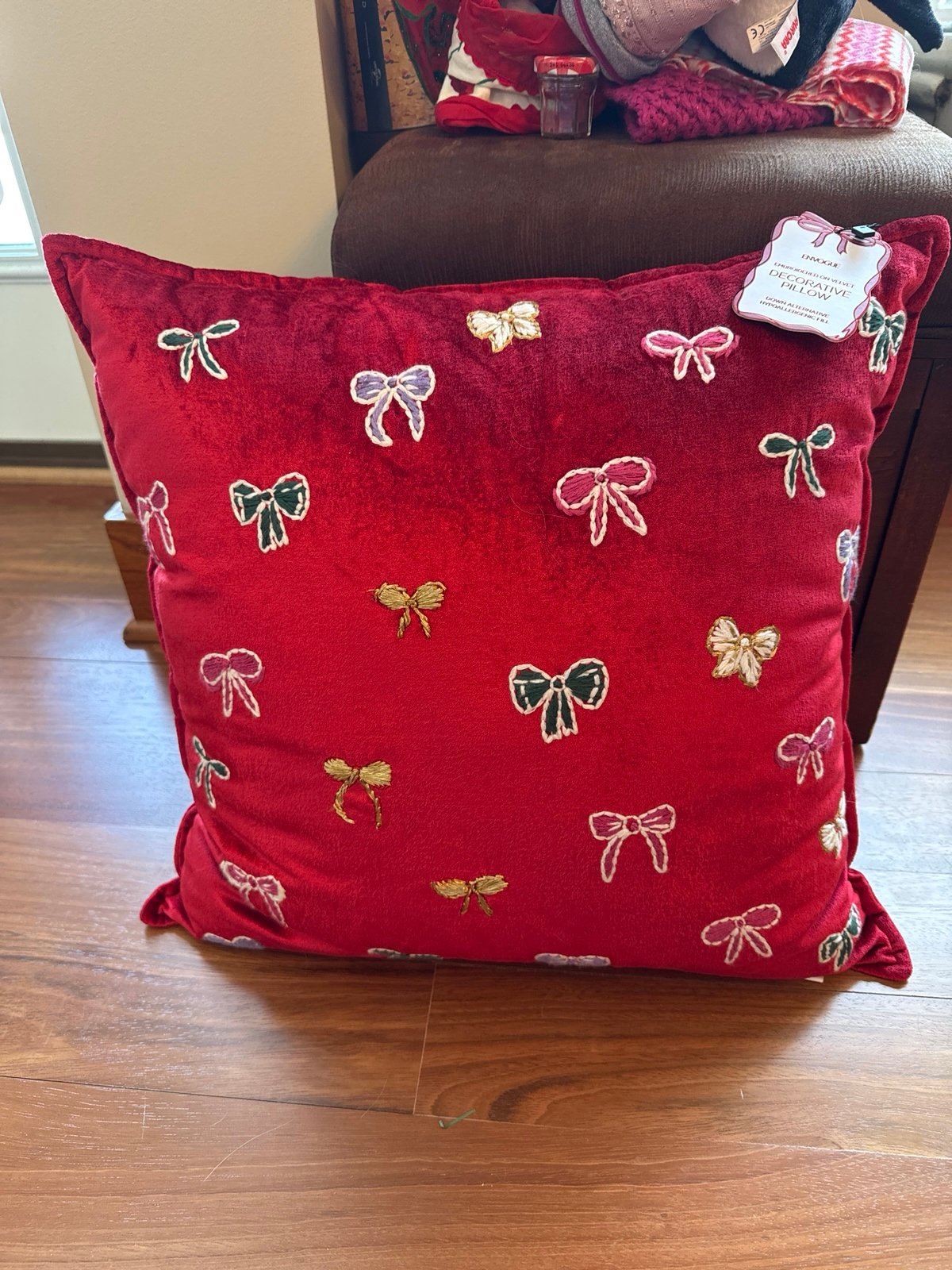 NWT Lola red velvet Pillow embroidered bows SO CUTE!