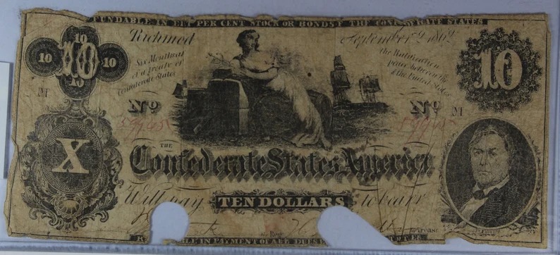 1862 10 dollar Confederate Civil War Note