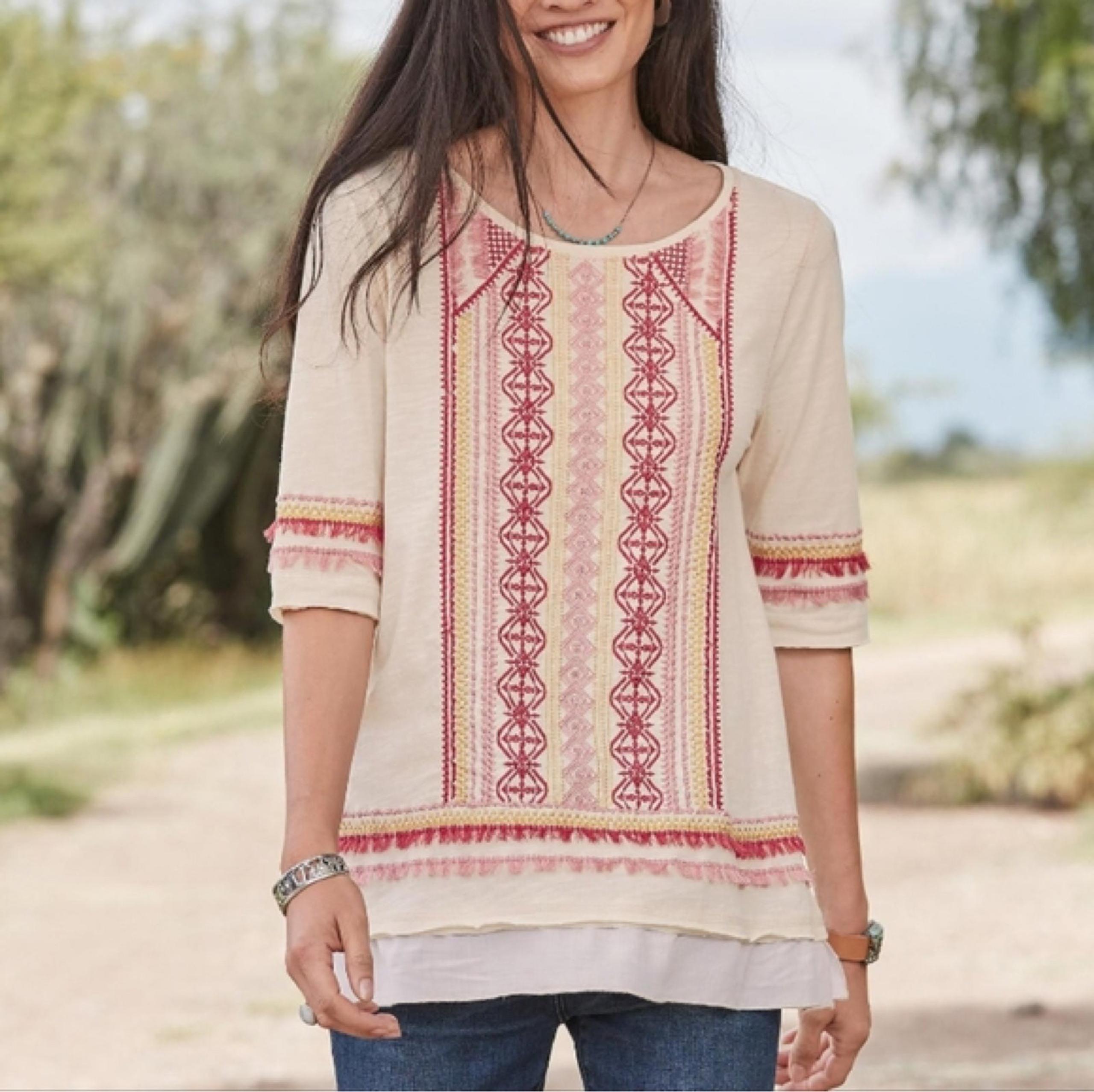 Sundance Montera embroidered fringe 3/4 sleeve tunic top