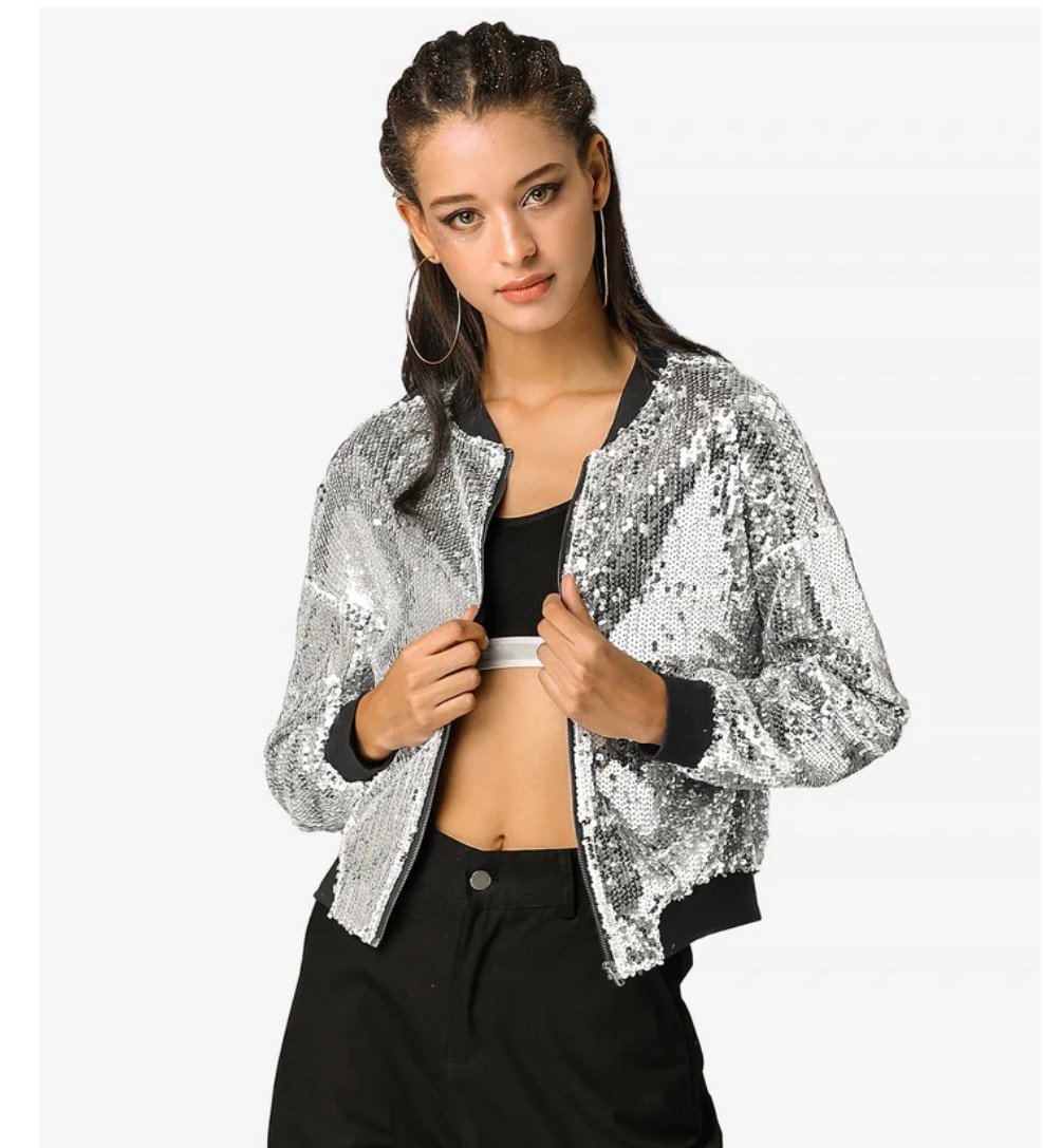 NWT Allegra K Metallic Bomber Jacket Womens Large Sequins Festival Full Zip NEW