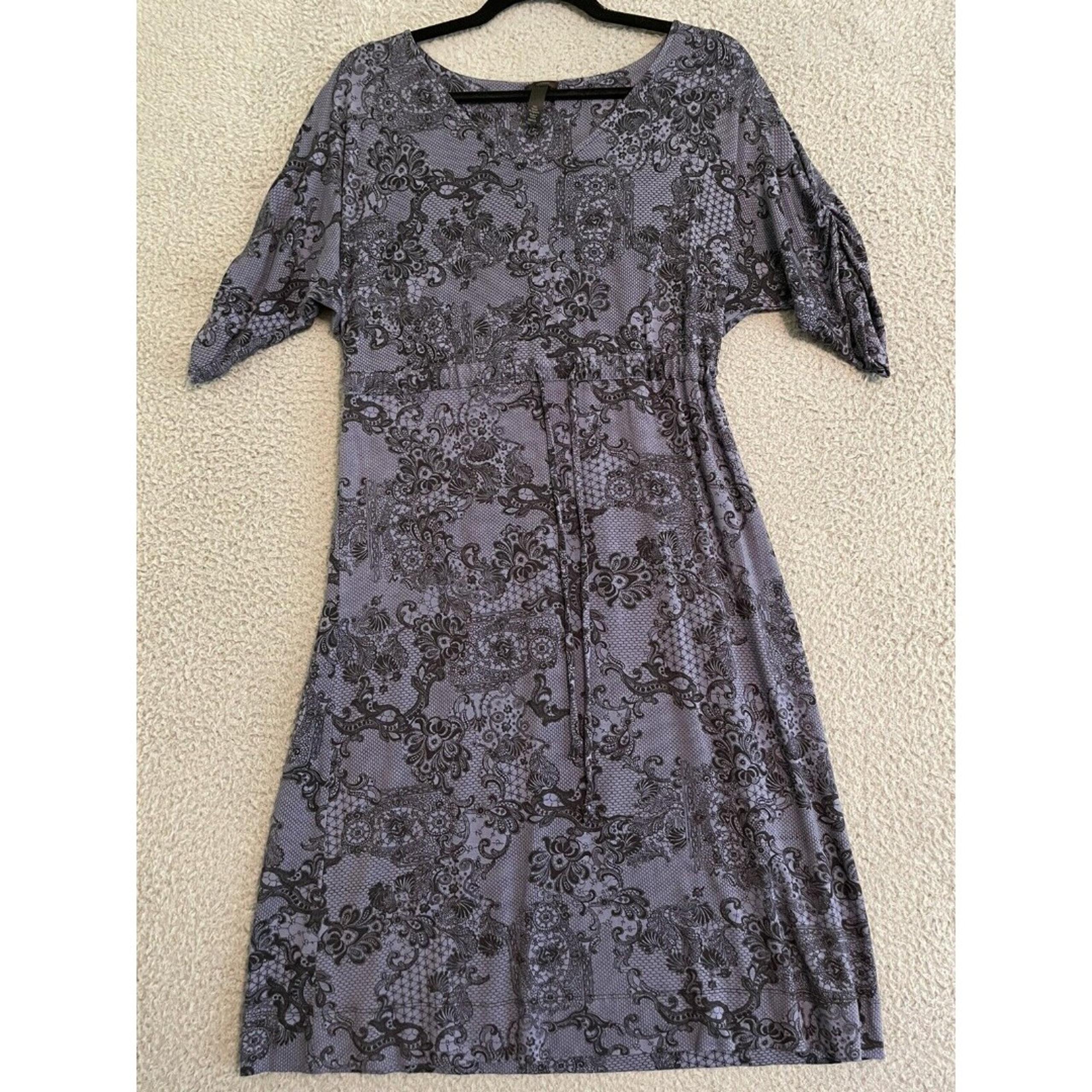 Soma Dress Purple Black Drawstring Waist V Neck Short Ruched Sleeves sz S EUC!