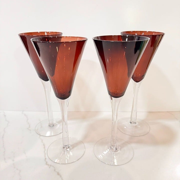 Set of 4 Pottery Barn Krosno Amethyst Cranberry Champagne Flute Hand Blown Glass