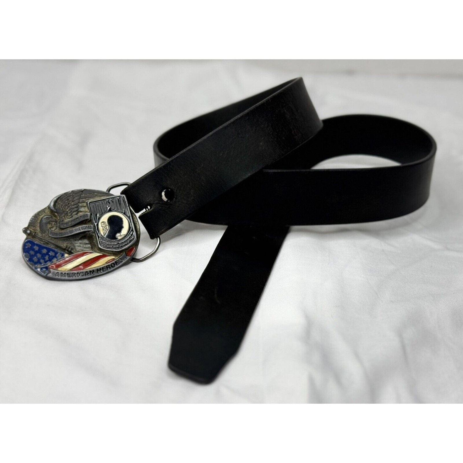 Vietnam Vet POW MIA USA Metal Fashion Belt Buckle Black Belt Size 32