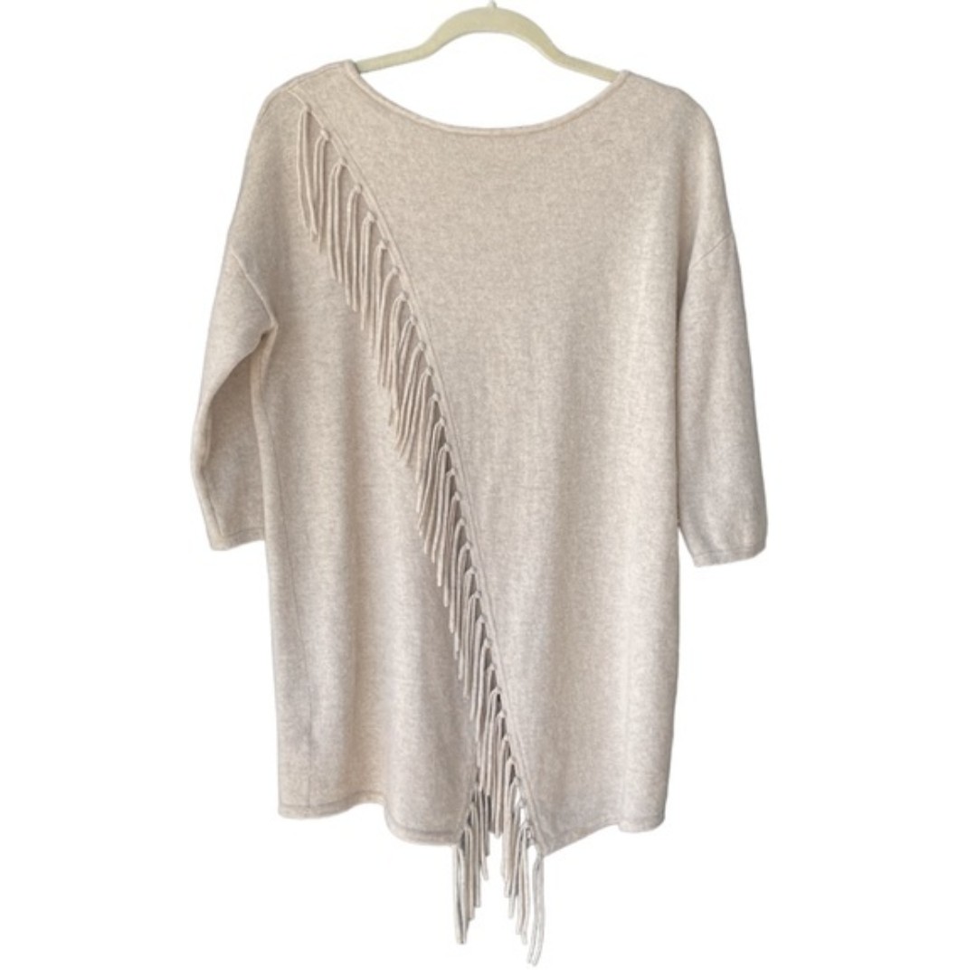 Kinross Cashmere Fringe Back Pullover Dune Size M