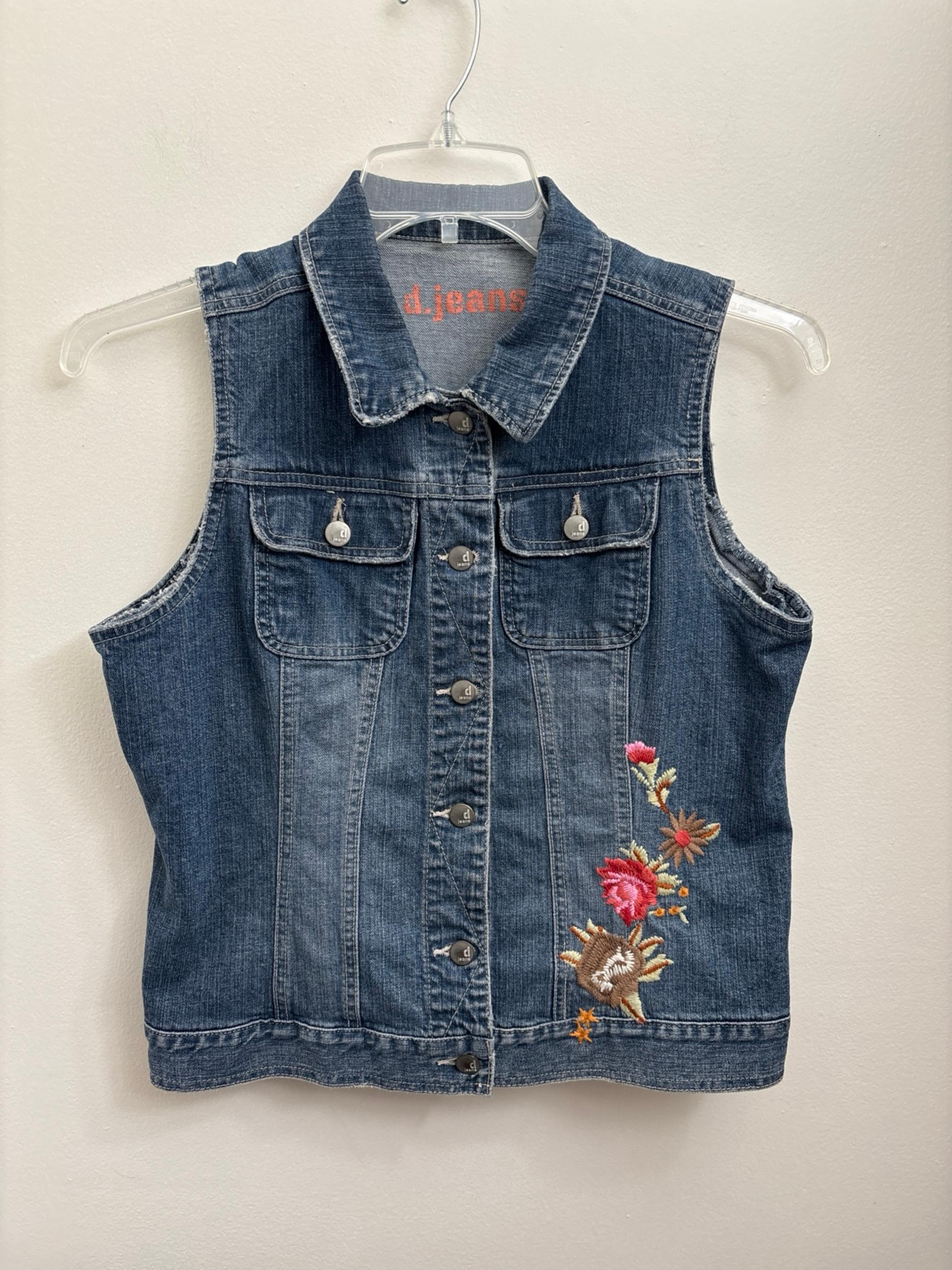 D. Jeans women’s size large floral embroidered jean / denim button up vest